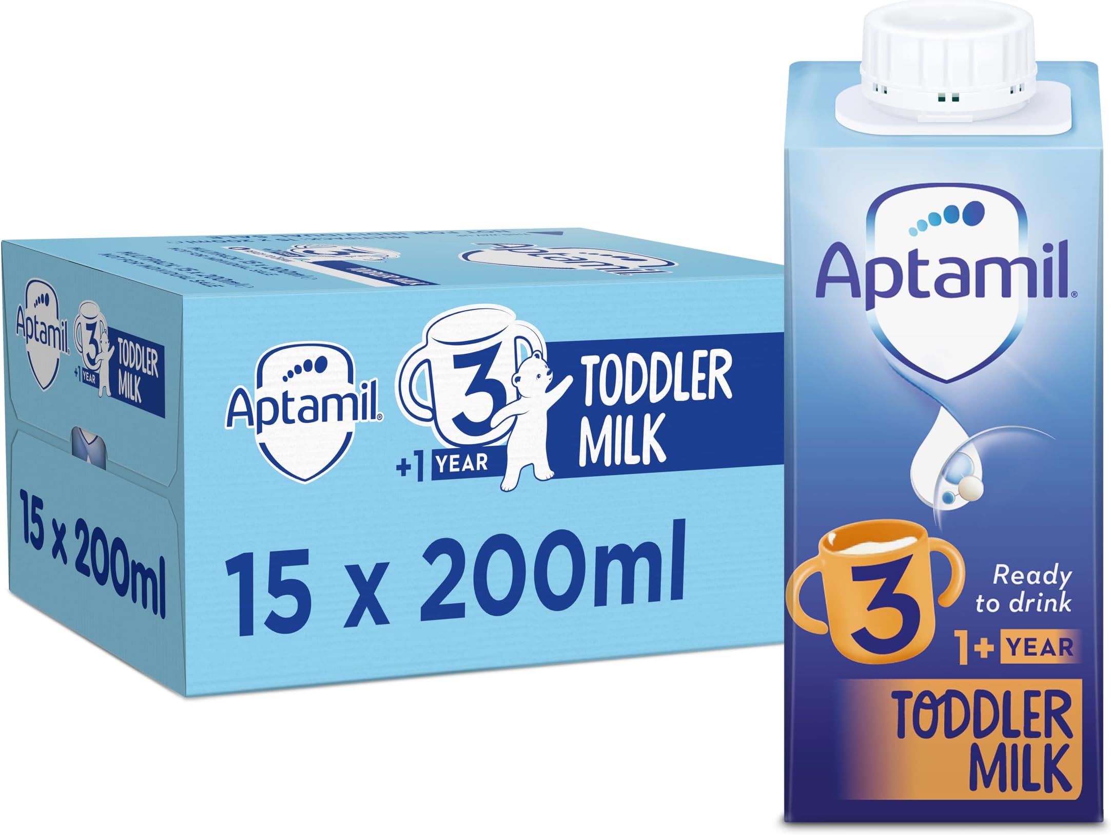 Aptamil 3 Toddler Baby Milk Ready to Use Liquid Formula, 1-3 Years, 200ml (Pack of 15),package may vary