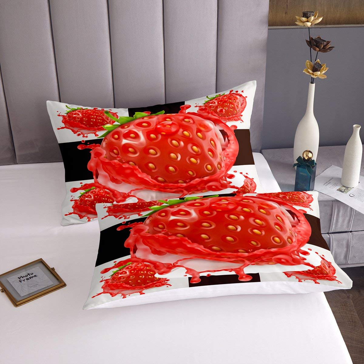 Juego de ropa de cama con diseño de fresa para niñas y niñas, con estampado de frutas tropicales, color rosa, crema y rojo