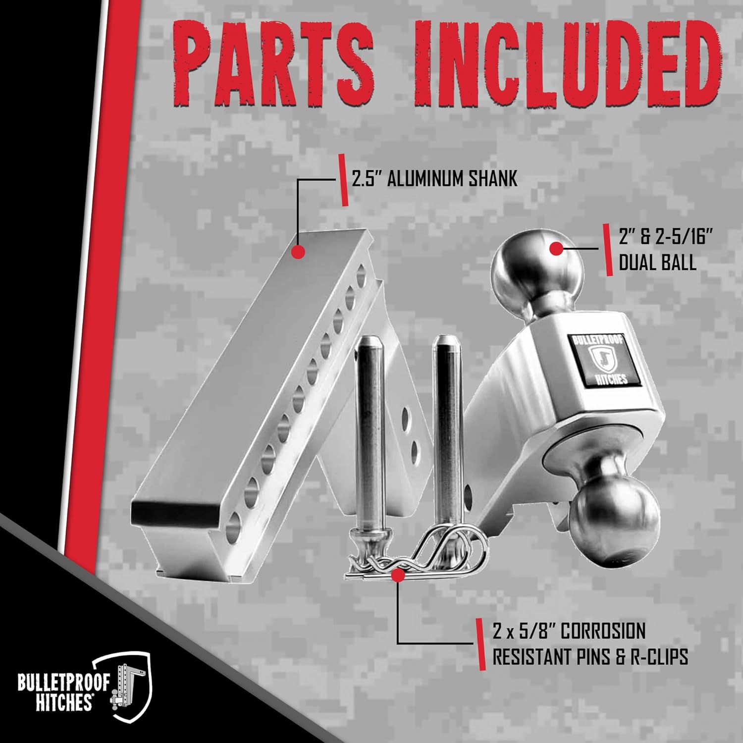 BulletProof Hitches - 2.5" Aluminum Trailer Hitch (14,000 lb. Rating) - Adjustable Hitch with 6" Drop/Rise and 2" & 2-5/16" Stainless Steel Dual Ball - Corrosion-Resistant Tow Hitch