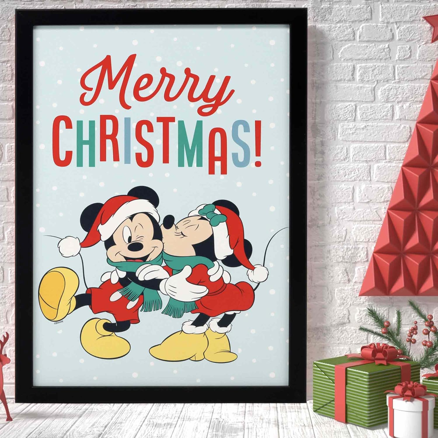Disney Mickey and Minnie Mouse Merry Christmas Framed Wood Wall Decor - Cute Mickey Christmas Wall Art for Home