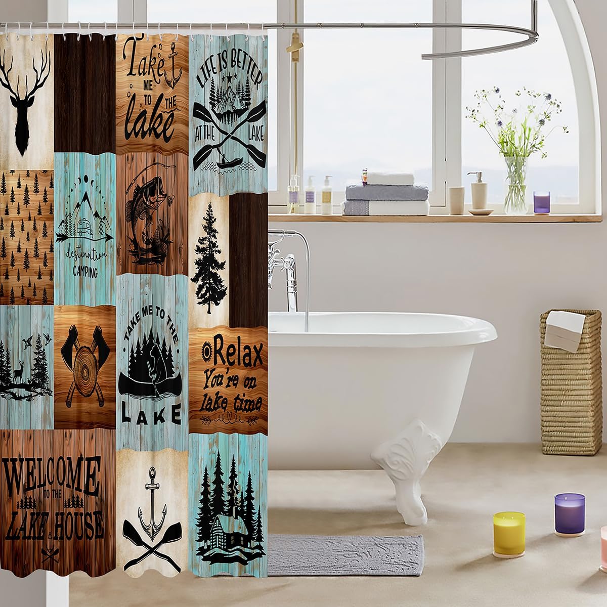 Lake House Shower Curtain,Outdoor Camping Waterproof Curtain Fish Bear Anchor Pine Rustic Farmhouse Bathroom Curtain Kids Boys Girls Brown Green Grid Patchwork Plaid Bath Curtain Adult Room Decor