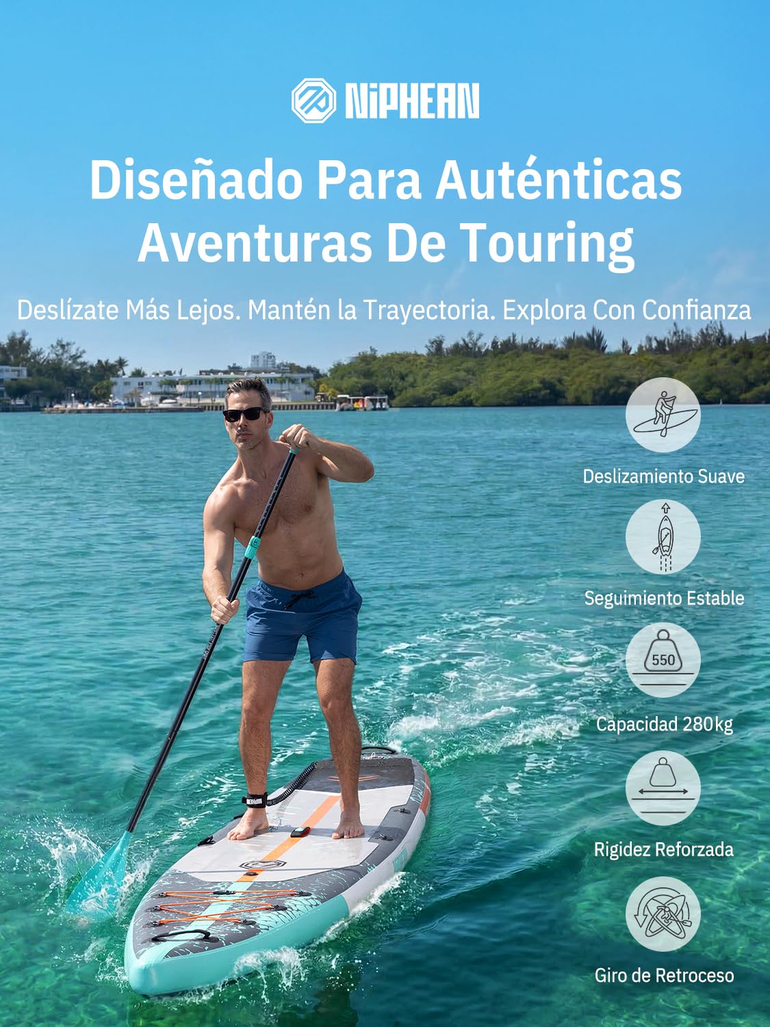 Niphean Tabla De Paddle Surf Hinchable De 380 Cm, Capacidad De 280 Kg, Tabla Padel Surf Touring con Accesorios Completos Y Kick Pad, Estable para Adultos Y Jóvenes, Ideal para Surf Principiantes
