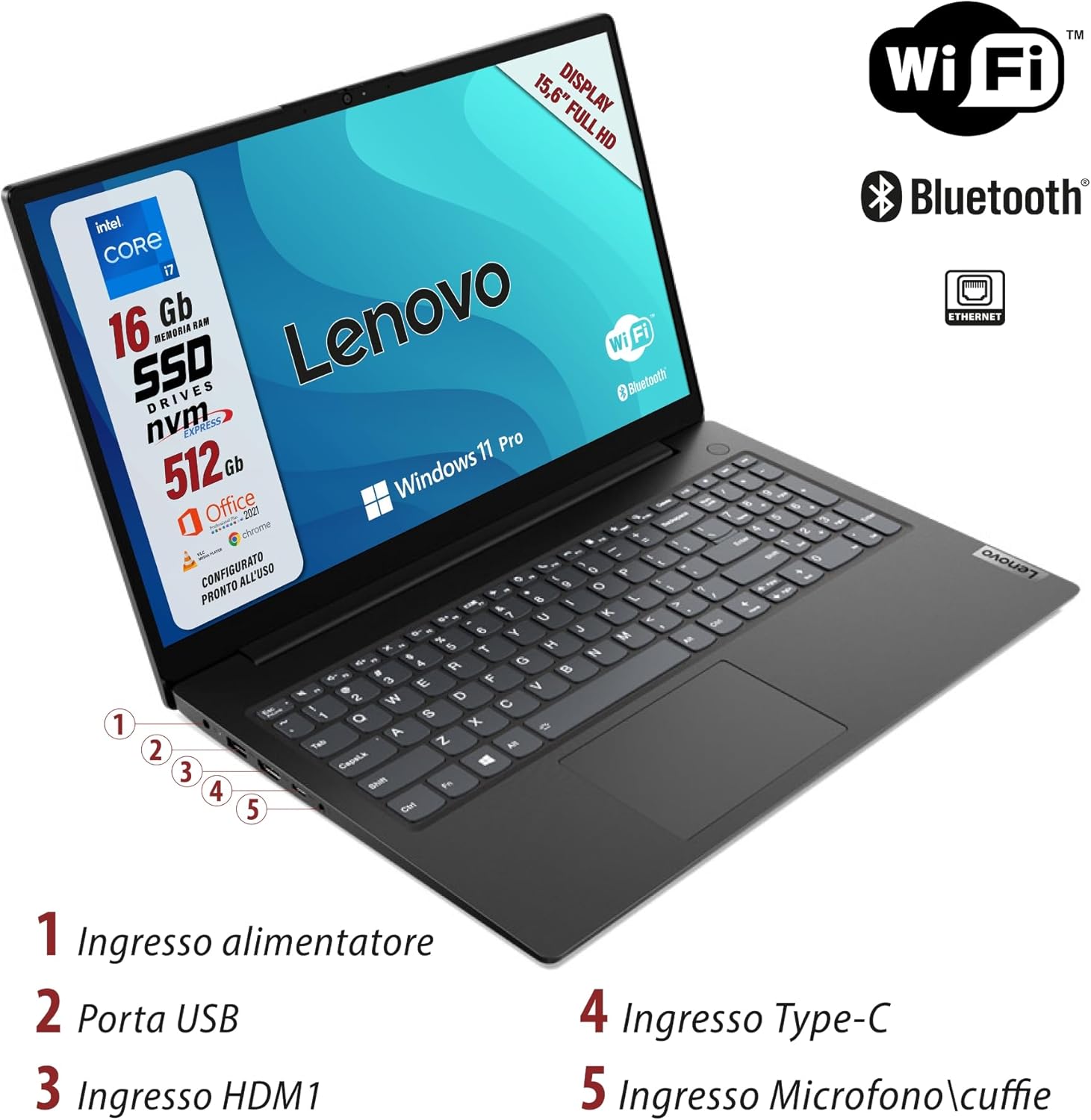 Lenovo, pc portatile notebook pronto alluso, cpu Intel i7 11Th gen, 4 core 2,8Ghz, ram 16Gb, SSD nvme 512Gb, display Full hd da 15,6, Intel® Iris® Xe Graphics, win 11, suite office incluso