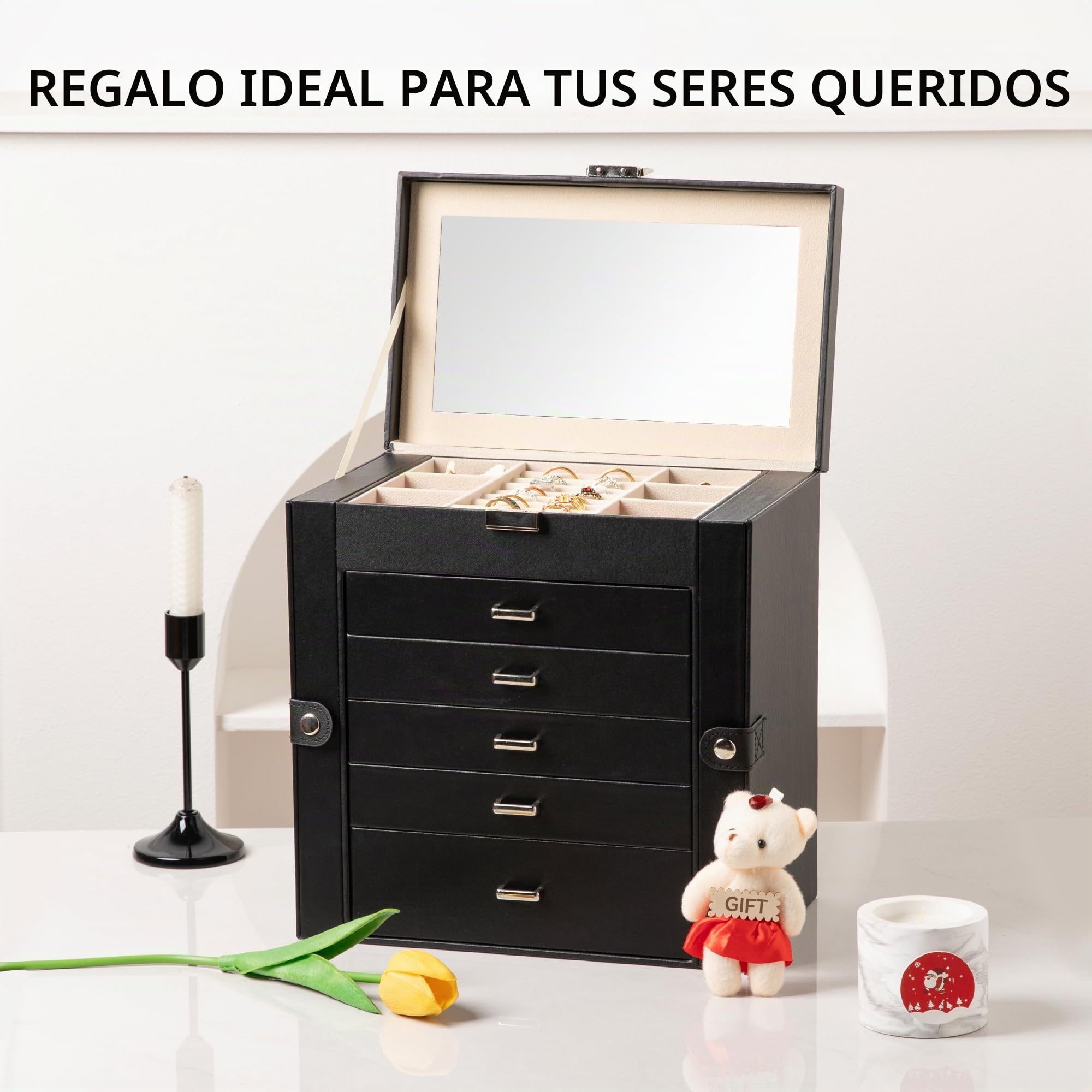 Frebeauty Caja de joyería grande, organizador de joyas de cuero sintético de 6 niveles con cerradura, funda de almacenamiento multifuncional con espejo, soporte de accesorios(Negro)