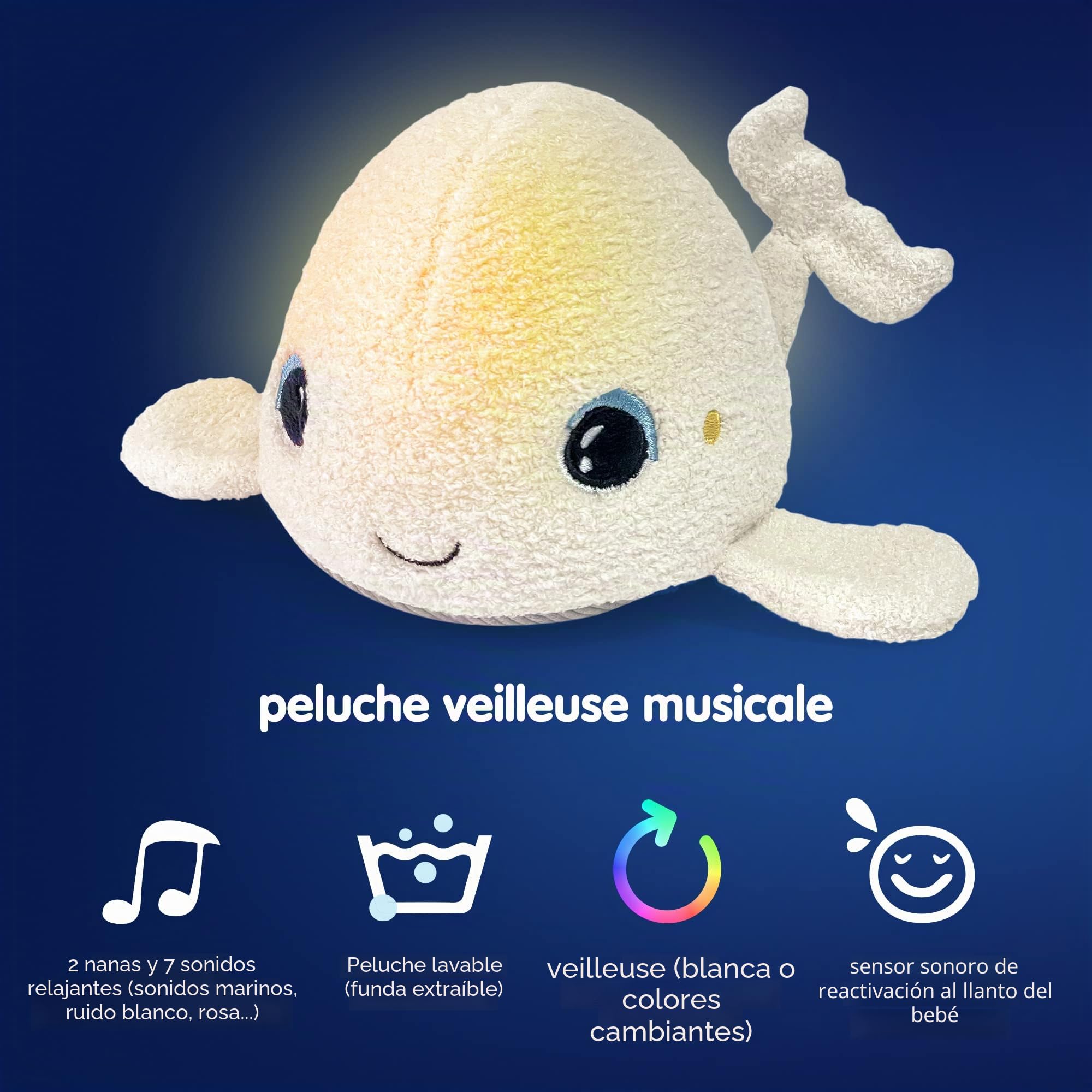 Pabobo Béluga Peluche Sueño Luz nocturna multicolor y canción de cuna y ruidos blancos. Peluche supersuave Oeko-tex. lavable (módulo desenfundable)