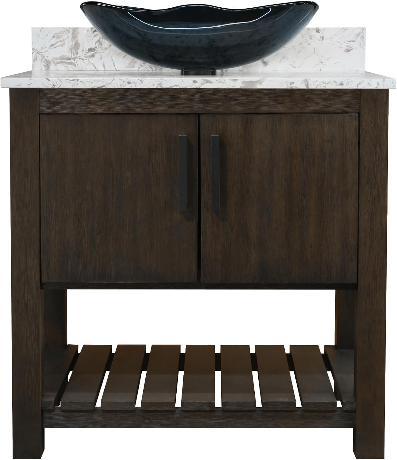 Miseno MV-30CM-NOBV-6001-317G 30" Free Standing Single Basin Vanity Set with Cabinet, Rectangular Glass Vessel Sink and Quartz Vanity Top - Cafe Mocha/Cafe Mocha Top/Chrome Hardware