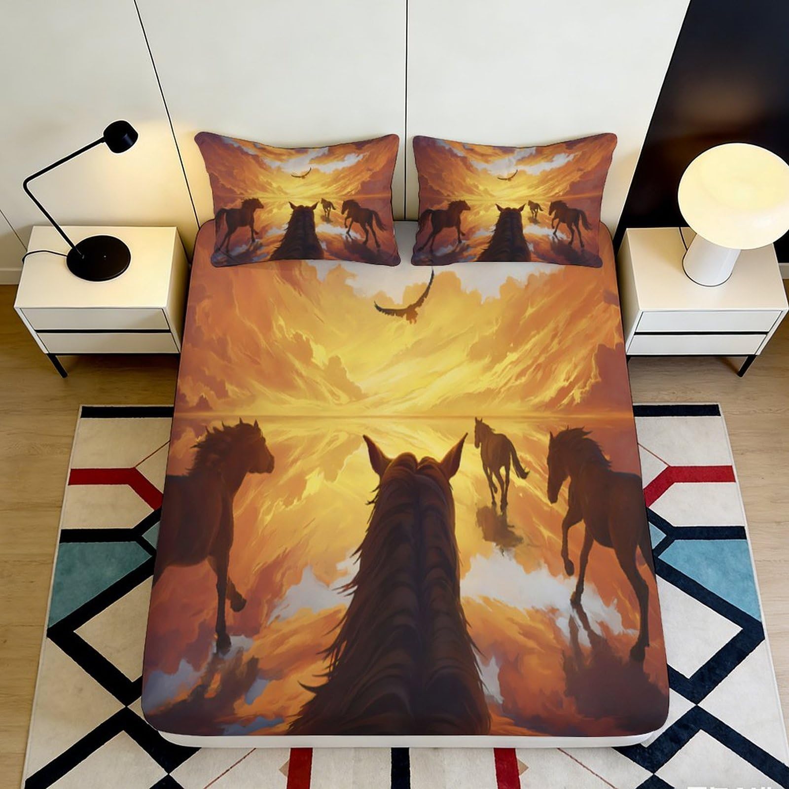 3D Printed Sunset Horses Fitted Sheet Microfiber Soft Breathable Running Horses Bed Cover for Bedroom Dormitory Guest Room Mattress Protection Decor 200x200x25cm