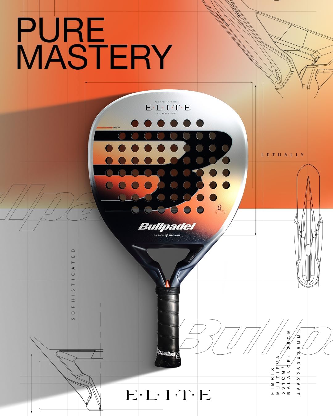 BULLPADEL Padel Racket Elite Woman 2026 | Gemma Triay Pala Padel for Control, Power & Elegance | Elite Core Stability, Fibrix Face & Air React Channel | Hybrid Shape, 3D Grain Spin Vibradrive Comfort