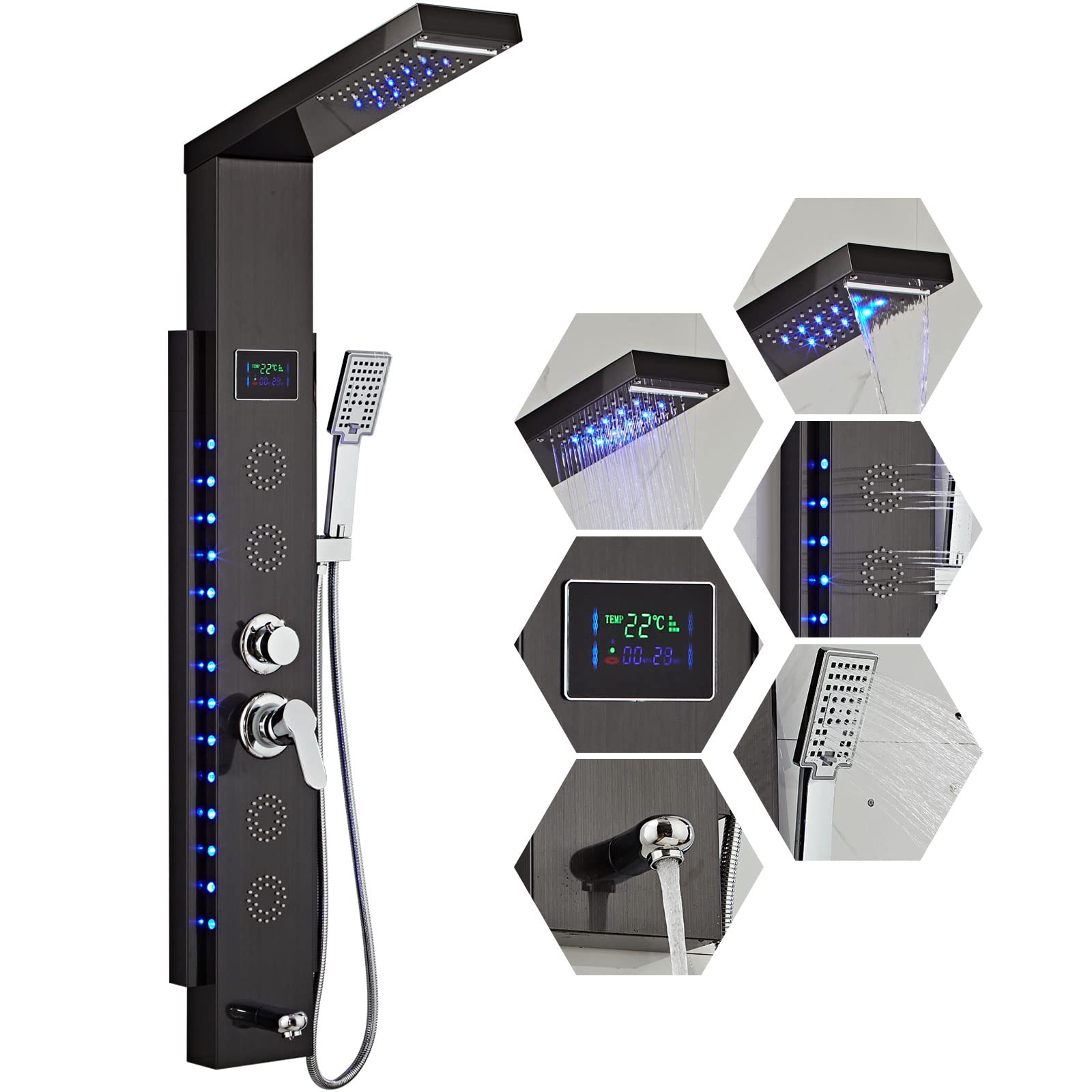 Photo 1 of *NOT TESTED* LED Shower Panel Tower System, Stainless Steel 5 in 1 Multi-Function Shower Panel with Rainfall and Waterfall Shower Head, Body Jets, Handheld Shower Head, Tub Spout,Black