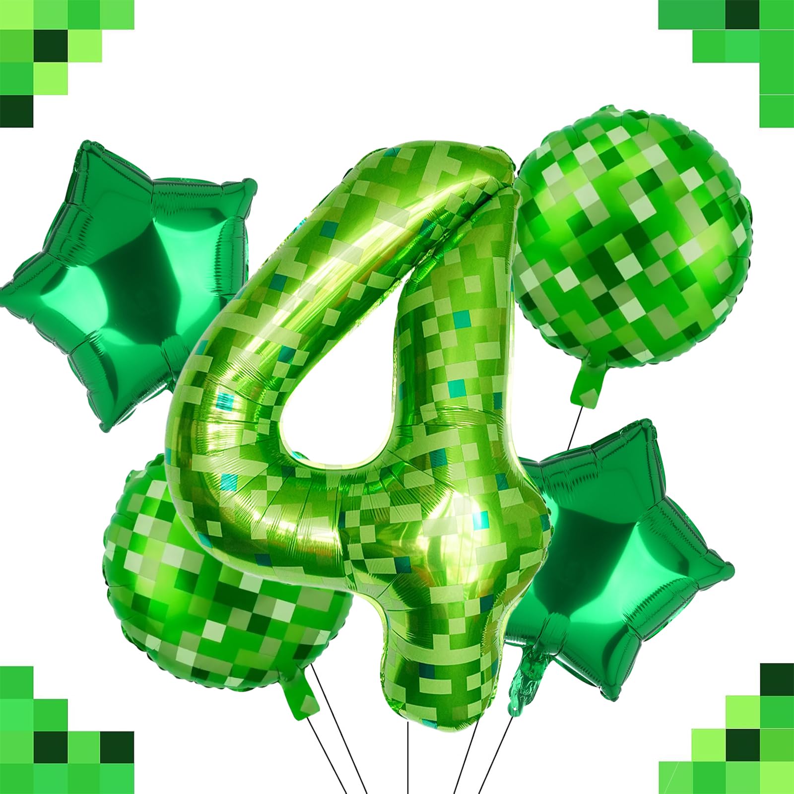 40 Inch Green Pixel Miner Number 4 Foil Balloon Set 5Pcs Large Mylar Mining Theme 4th Number Balloons Pixel Cubes Video Game Birthday Party