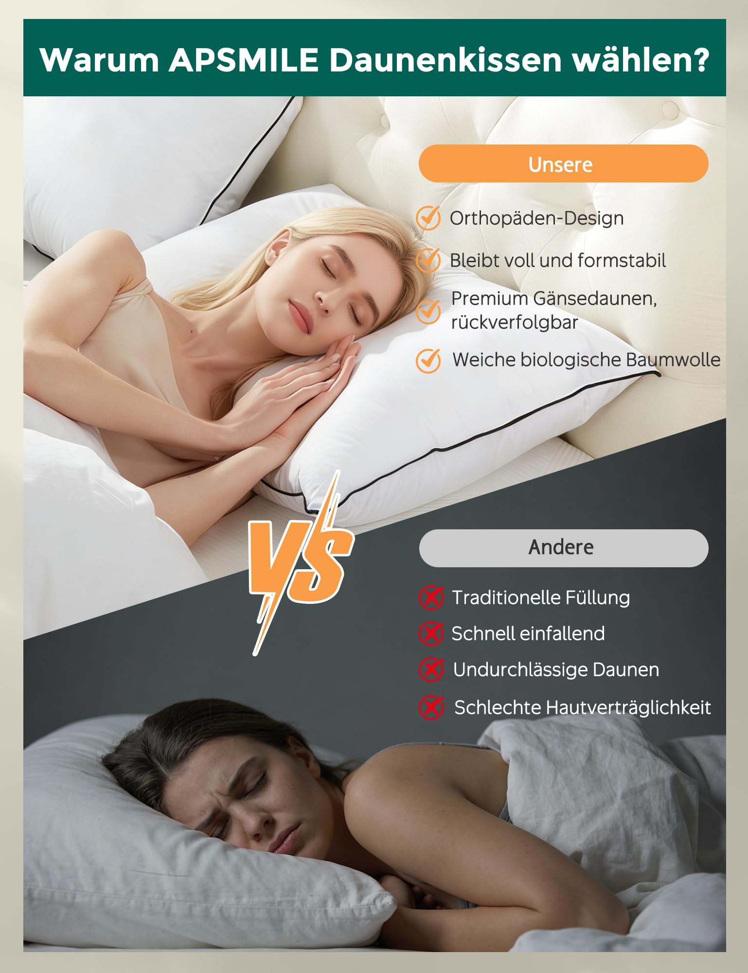 APSMILE Daunenkissen 40x80 Federkissen mit 3 Kammer Füllung - Luxus Daunenkissen zum Schlafen, Kopfkissen 40x80 Daunen Kissen 100% Bio-Baumwollbezug, weich & stützend (Weiß,2er Stück)