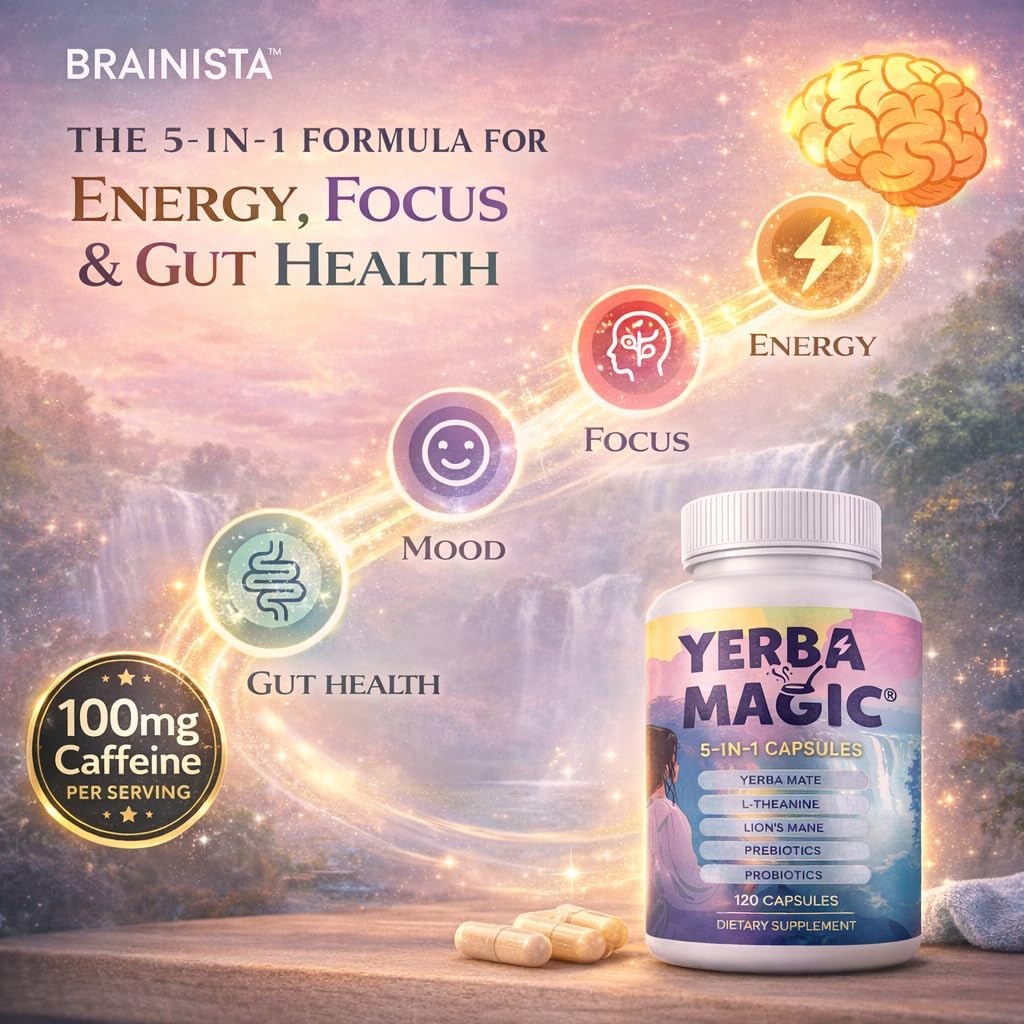 Brainista Yerba Magic 5-in-1 Capsules – Yerba Mate Energy + Lion’s Mane, L-Theanine, Prebiotics & Probiotics - Calm Focus, Gut Support & Clean Energy - 100mg Natural Caffeine | 30 Servings