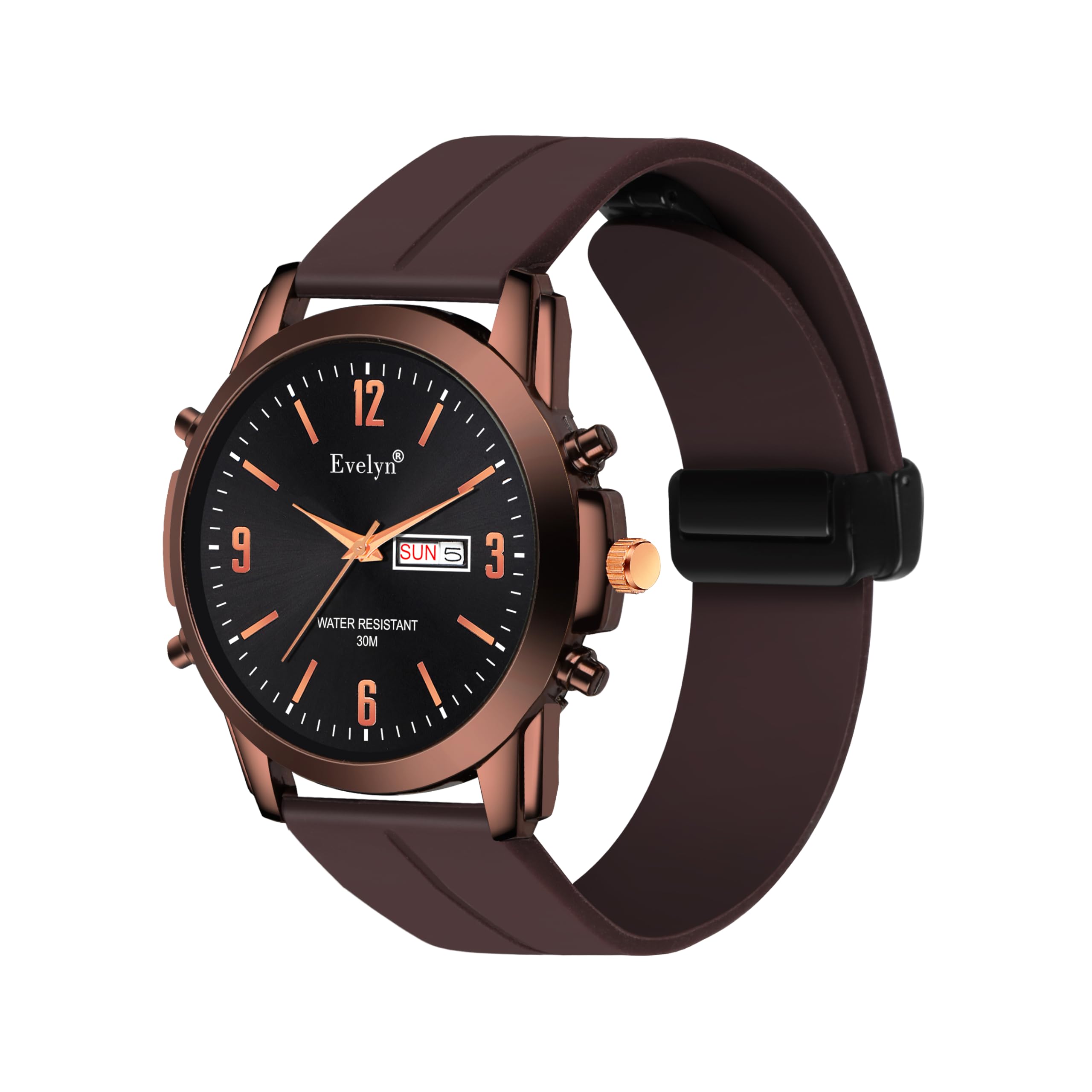 evelyn Water Resistant Analogue Watch, Brown Silicone Strap, Black Dial with Day-Date Display, Eve D 98-picture-2