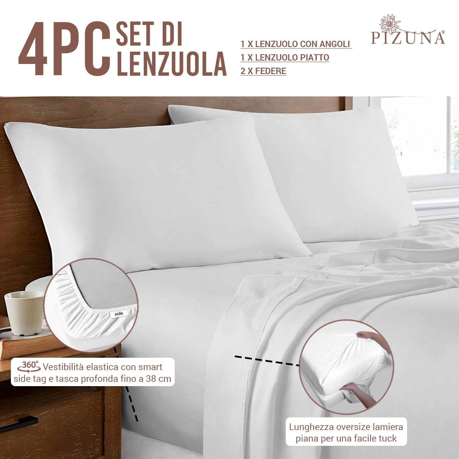 Pizuna Set lenzuola letto super king Cotone 180x200 cm Bianco, 400 fili in 100% cotone a fiocco lungo Sateen Completo lenzuola con 1 lenzuolo con angoli, 1 lenzuolo sopra, 2 federe