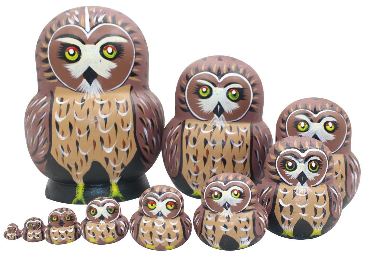 Winterworm 1 Lot de 10 pcs Cute Owl Thème Animal en Bois empilage gigogne Crèche de Noël Faite à la Main poupée Russe Enfant Cadeau Jouet