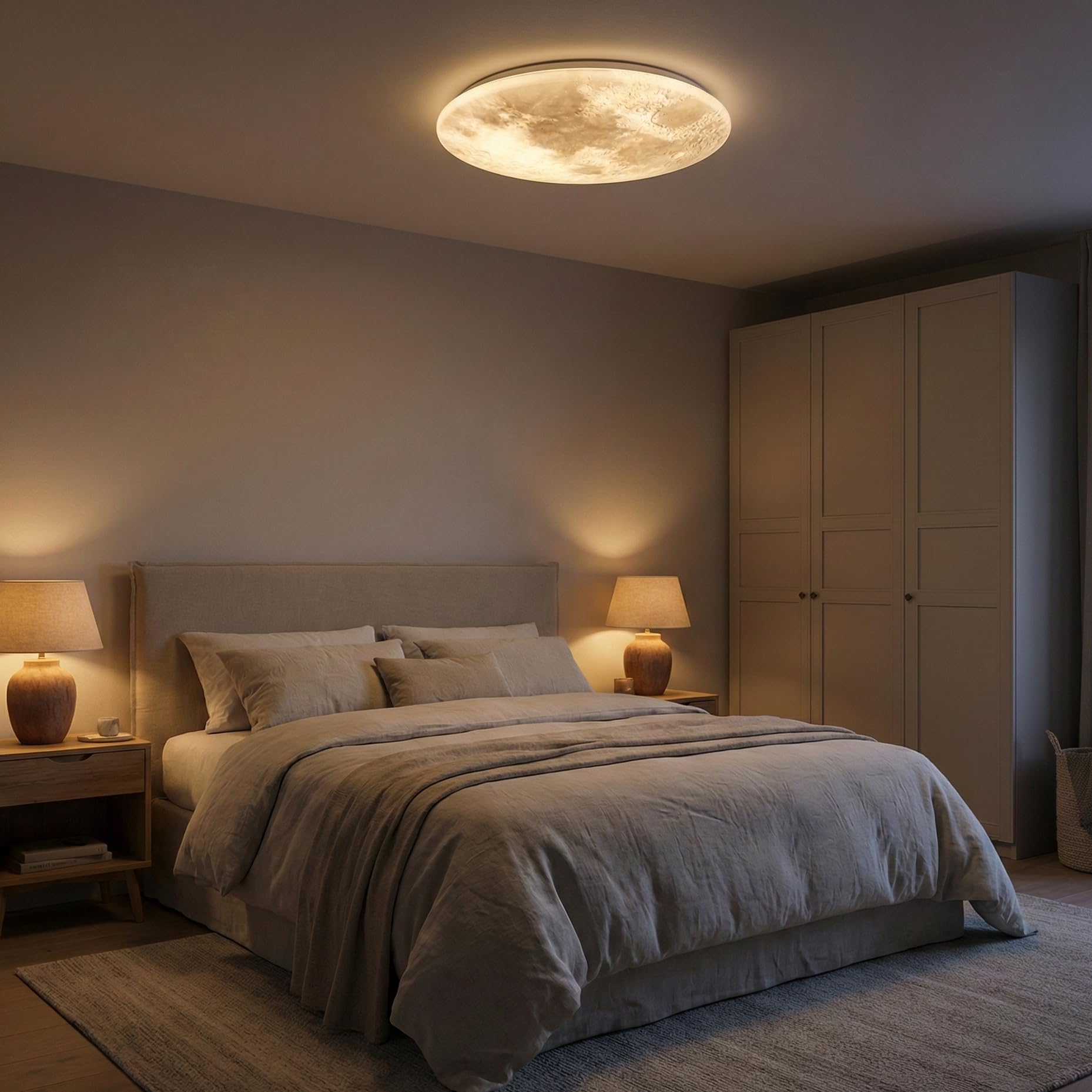 Proventa LED Mondlampe Decke Ø 60cm – 30W Dimmbar – Lichtfarbe wählbar 3000–5500K – Nachtlichtfunktion – Schwebendes Mondlicht Design – Deckenleuchte für Wohnzimmer, Schlafzimmer & Kinderzimmer