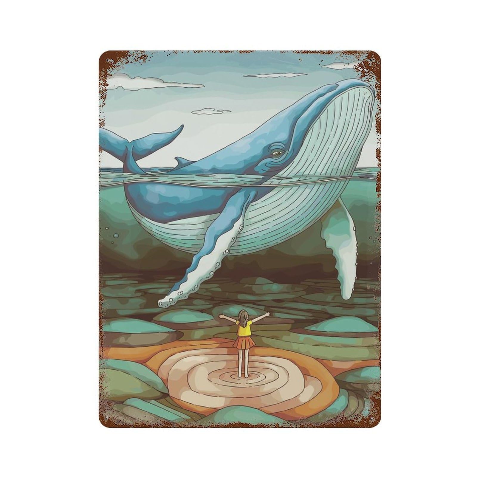 Garage Style Whale And Girl Vintage Rust Metal Sign 15.7"x11.8", Rustic Home Decor for Bar And Workshop
