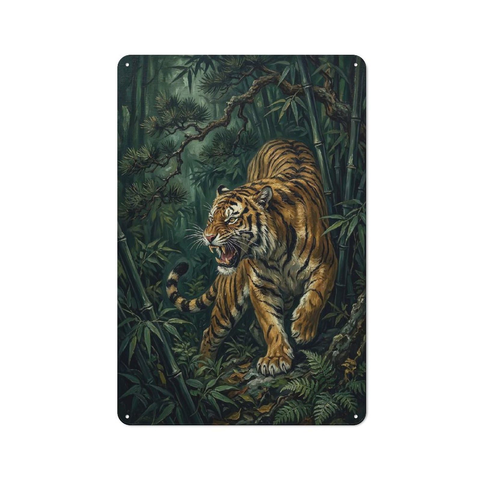 Junmoney Style-4 Tin Wall Plaque 30X20cm With Fierce Tiger In Bamboo Forest For Man Cave Or Games Room, For Vintage Wall Decor Fans, For Themed Room Decoration
