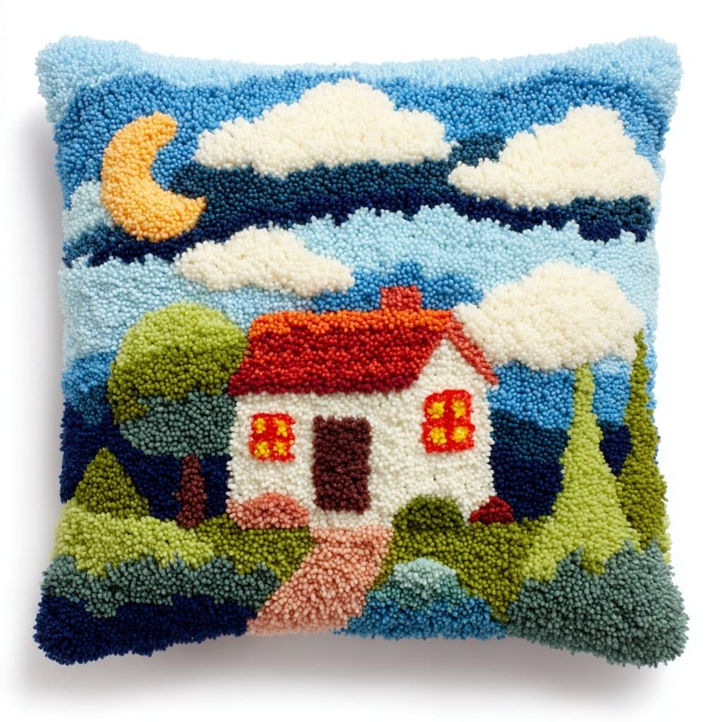 WallustrioaW Latch Hook Cushion Kits,Cartoon House in the Forest,Latch Hook Pillow Case Kits Embroidery Carpet Set,DIY Needlework Sofa Cushion,17x17in