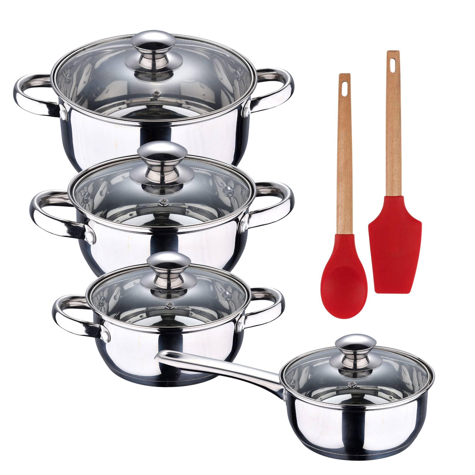 Batería de cocina 7 piezas SAN IGNACIO fabricada en acero inoxidable apta para todo tipo de fuegos+ Bergner EXCALIBUR Juego de 2 utensilios de cocina