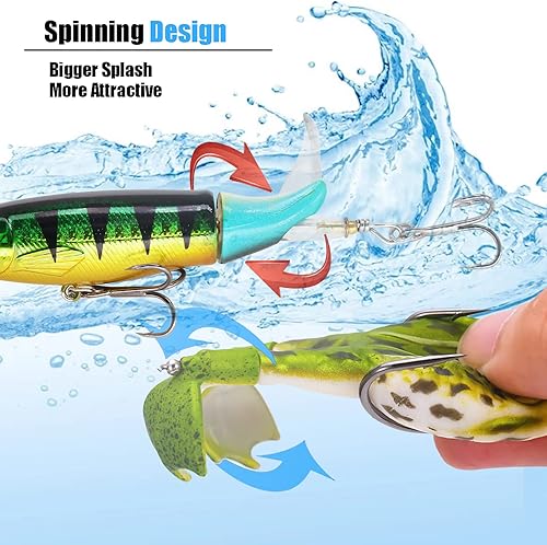 Miniatura 8 de Topwater - Kit de señuelo de pesca para lubina, cola de hélice de arrastre más grande, cebo de rana de plástico suave, ojos 3D, patrón de cuerpo