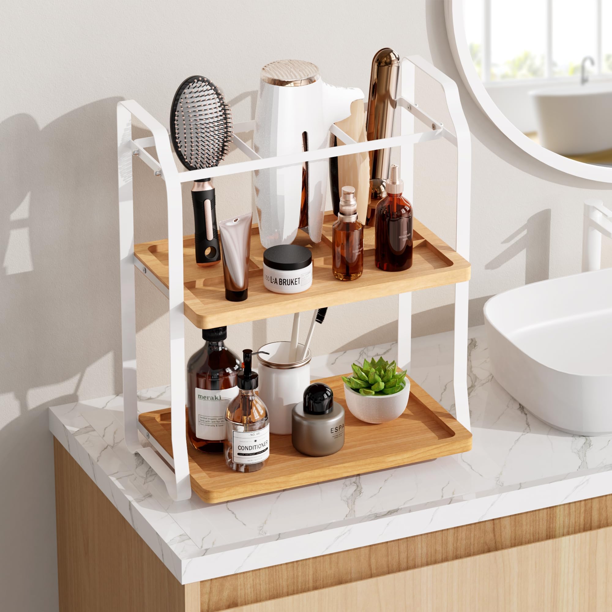 KEGII Hair Tool Organizer with Bathroom Countertop Organizer, 3-in-1 Wooden Bathroom Counter Organizer Corner Storage Shelf Vanity Skincare Kitchen Organizers for Hair Dryer,Flat Irons, (Light Brown)