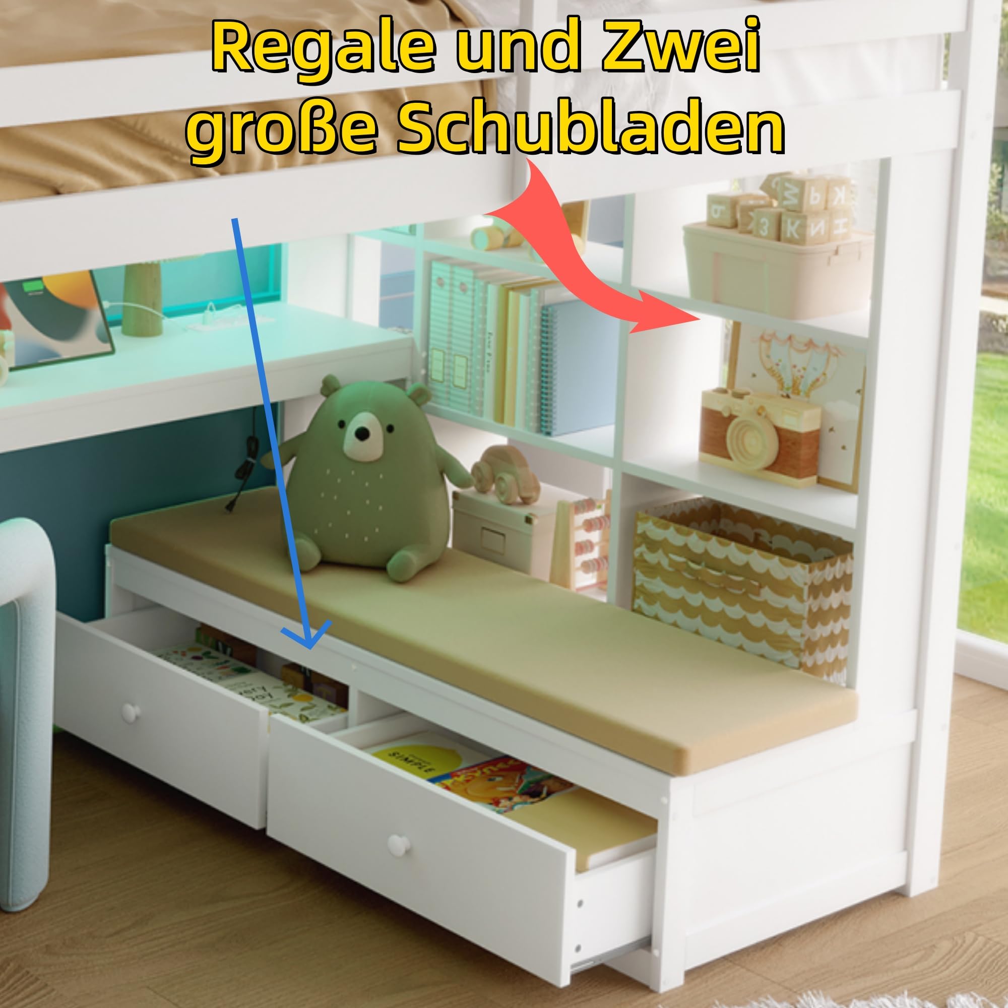 Su & Chan Legence Hochbett 140x200 mit Schreibtisch, Kinderbett aus massivem Kiefernholz mit Stauraumtreppe, Schubladen, Regalen und LED Beleuchtung, Weiß
