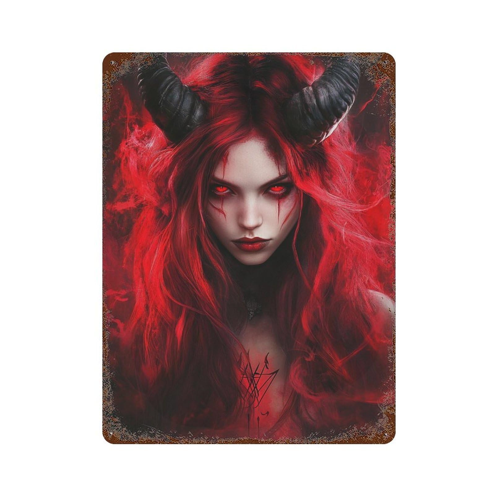 Vintage Rust Metal Sign Devilish Red Horns Fantasy Artwork 15.7"x11.8", Shabby Chic Decor for Cafe, Home Bar And Lounge Decor