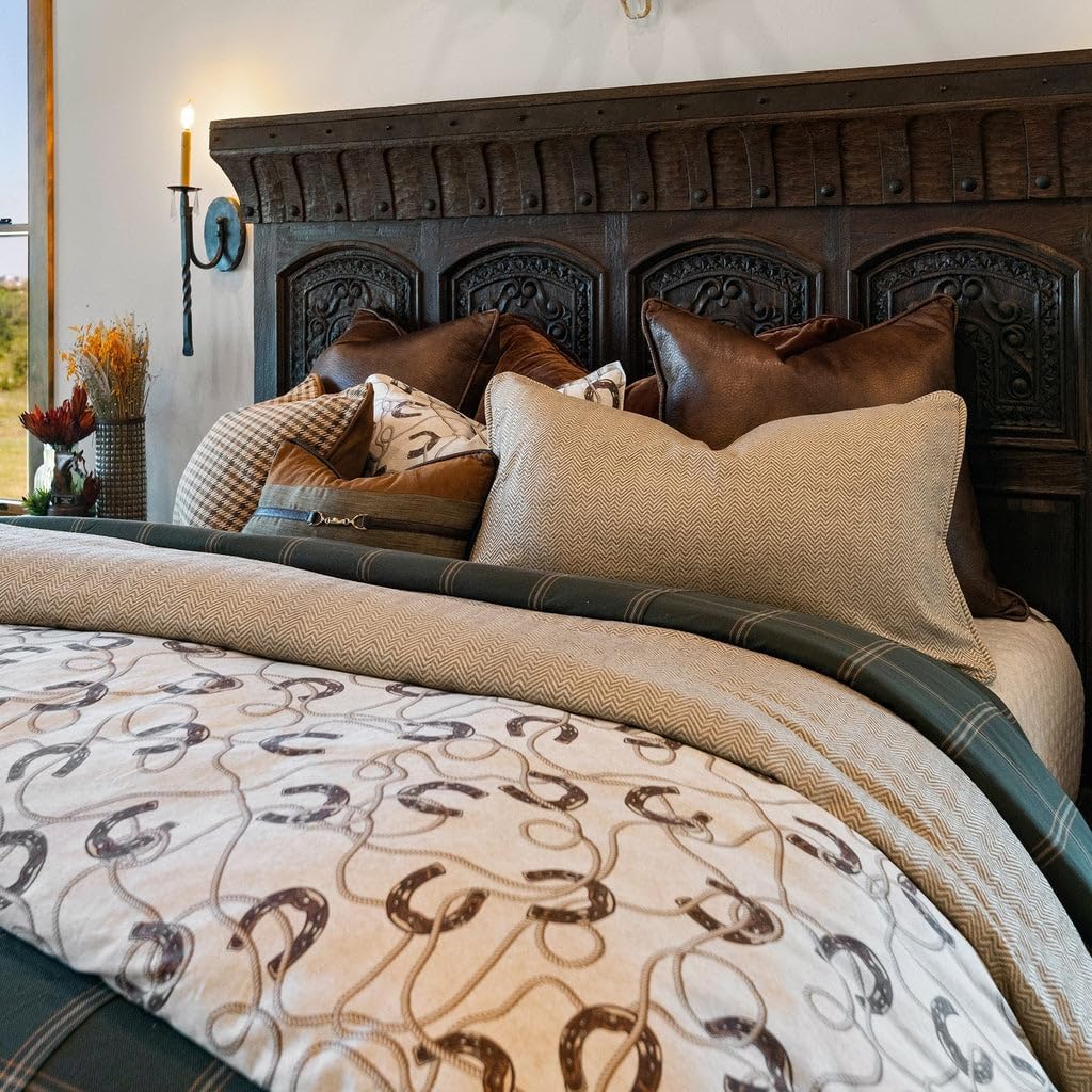 Paseo Road Tasha Polizzi Pierre Equestrian Western Bedding 3 Piece Queen Size Comforter Set, Brown Tan Cotton Sateen, Horseshoe Print, Modern Rustic Style Western Comforter with Pillow Shams