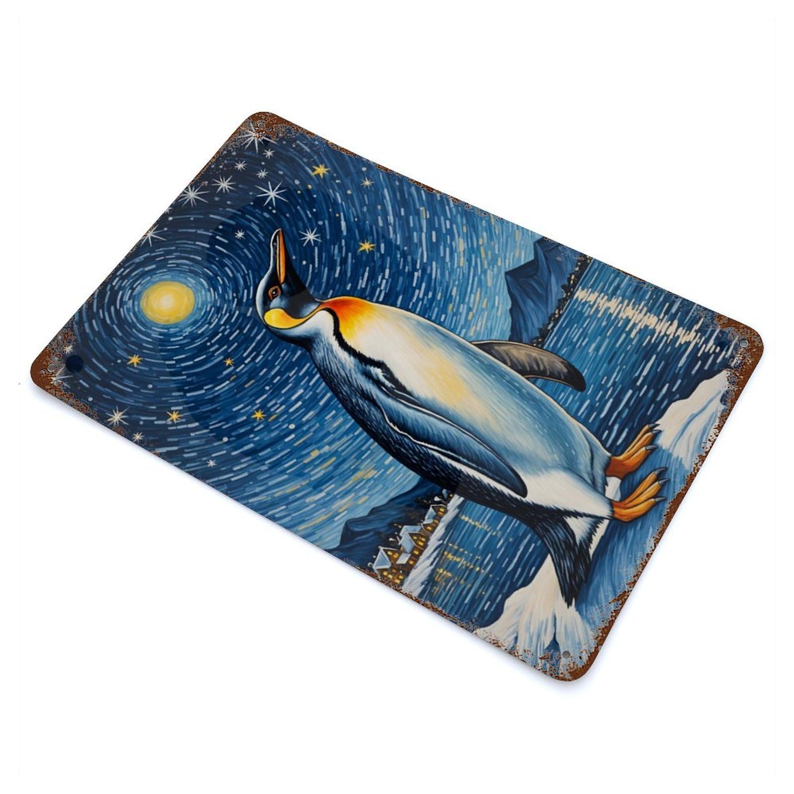Penguin Under Starry Sky Retro Metal Sign 11.8"x7.9", Classic Wall Plaque for Garage, Pub Or Kitchen