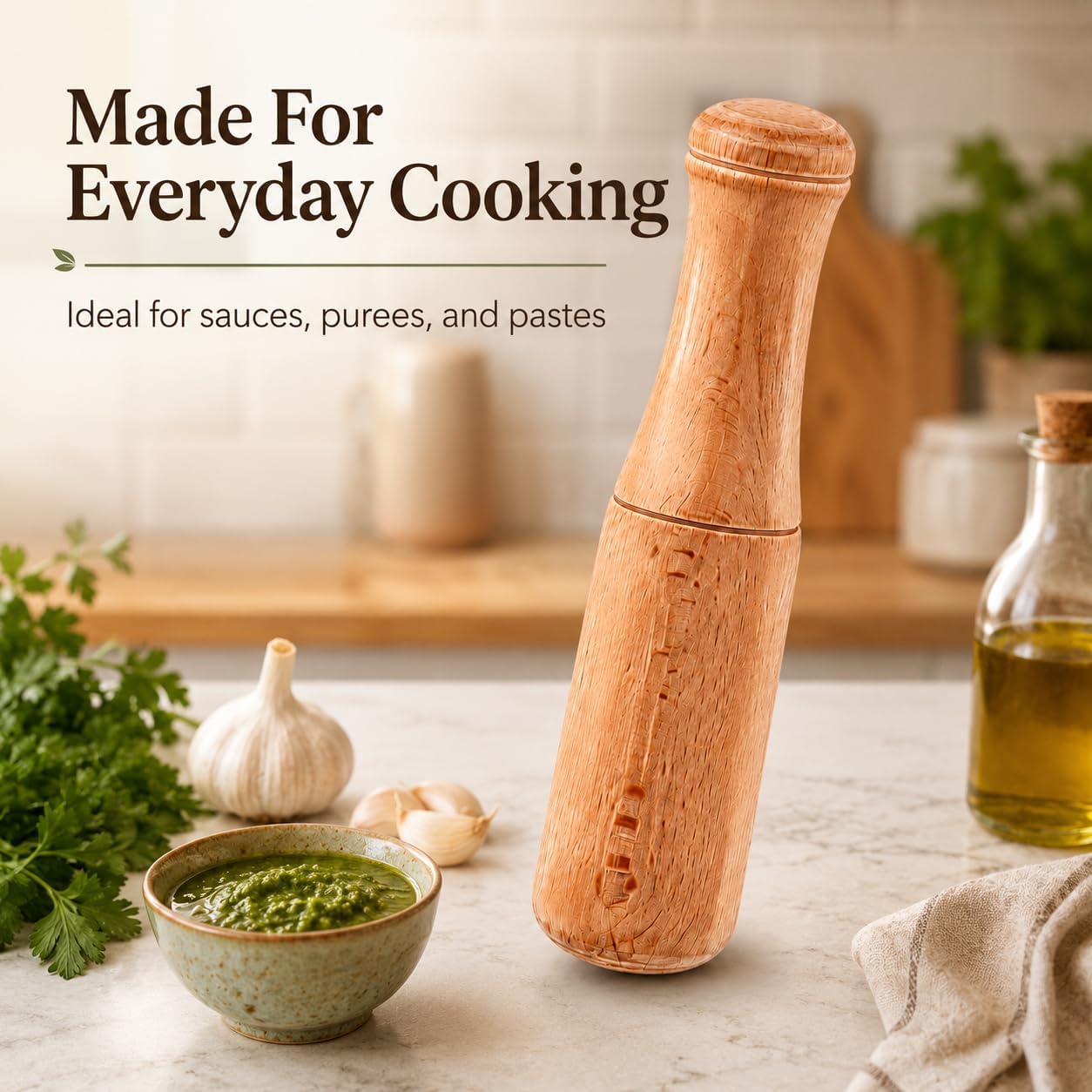 Wooden Pestle, 6.8-Inch Garlic Masher for Kitchen Use