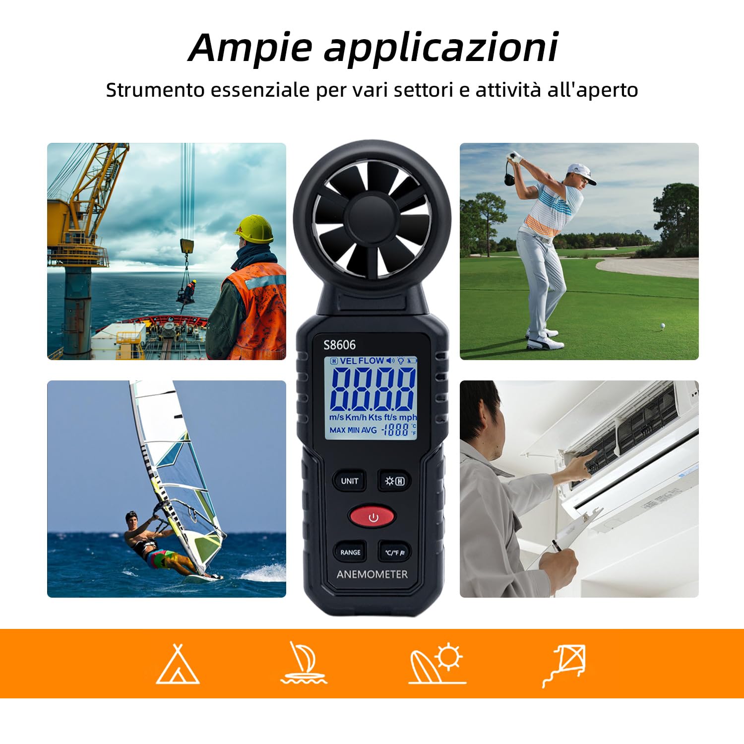 Mcbazel 3 in 1 Anemometro Digitale con Display LCD, Misuratore di Velocità del Vento Tester Velocità Flusso Aria Termometro per Esterni, Droni, Caccia, Pesca