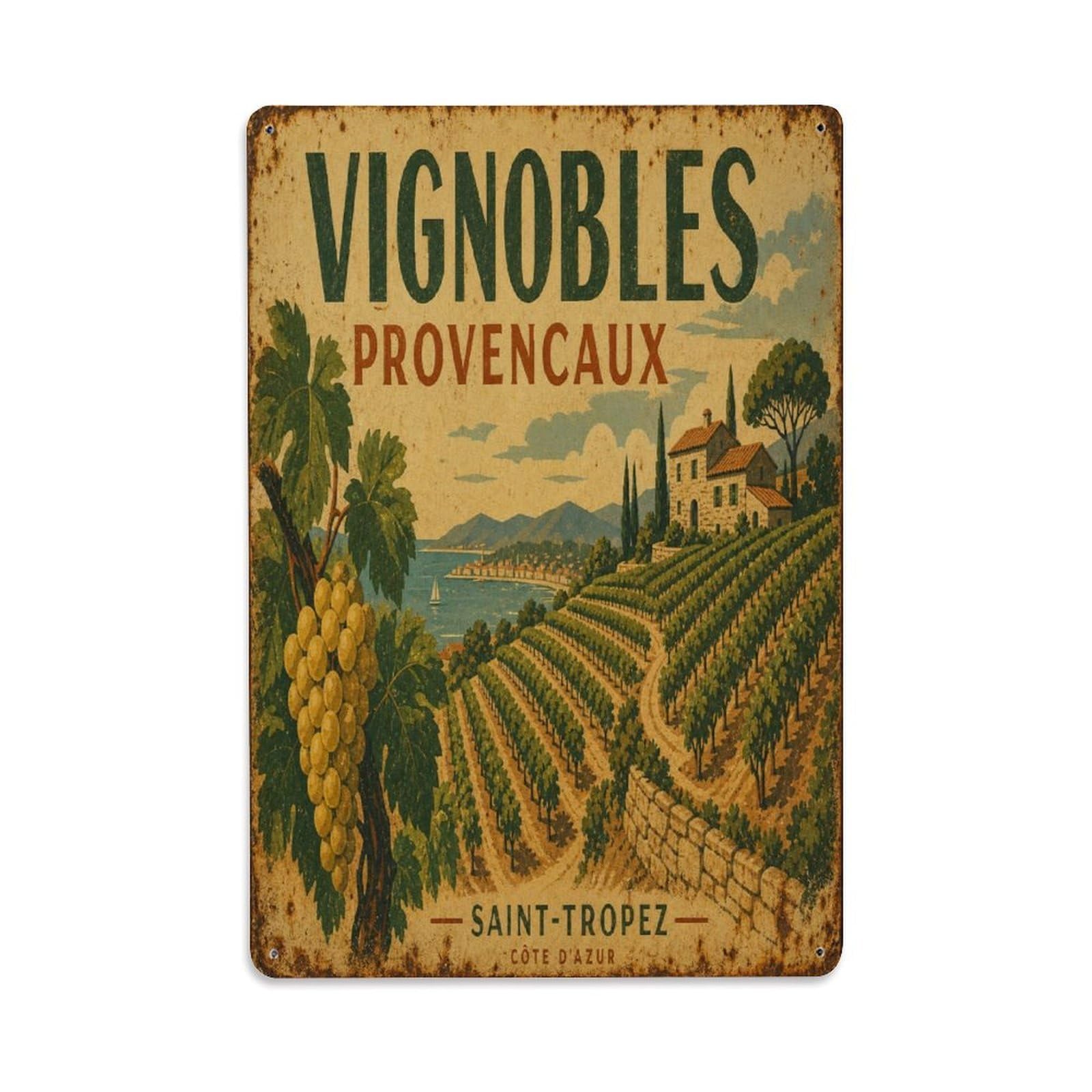 Provence Vineyard Harvest Retro Grape Country Metal Tin Sign Plaque Wall Decor for Cafe, Man Cave, Club Bar, Office, Home Garden Round Metal Poster 8x12Inch