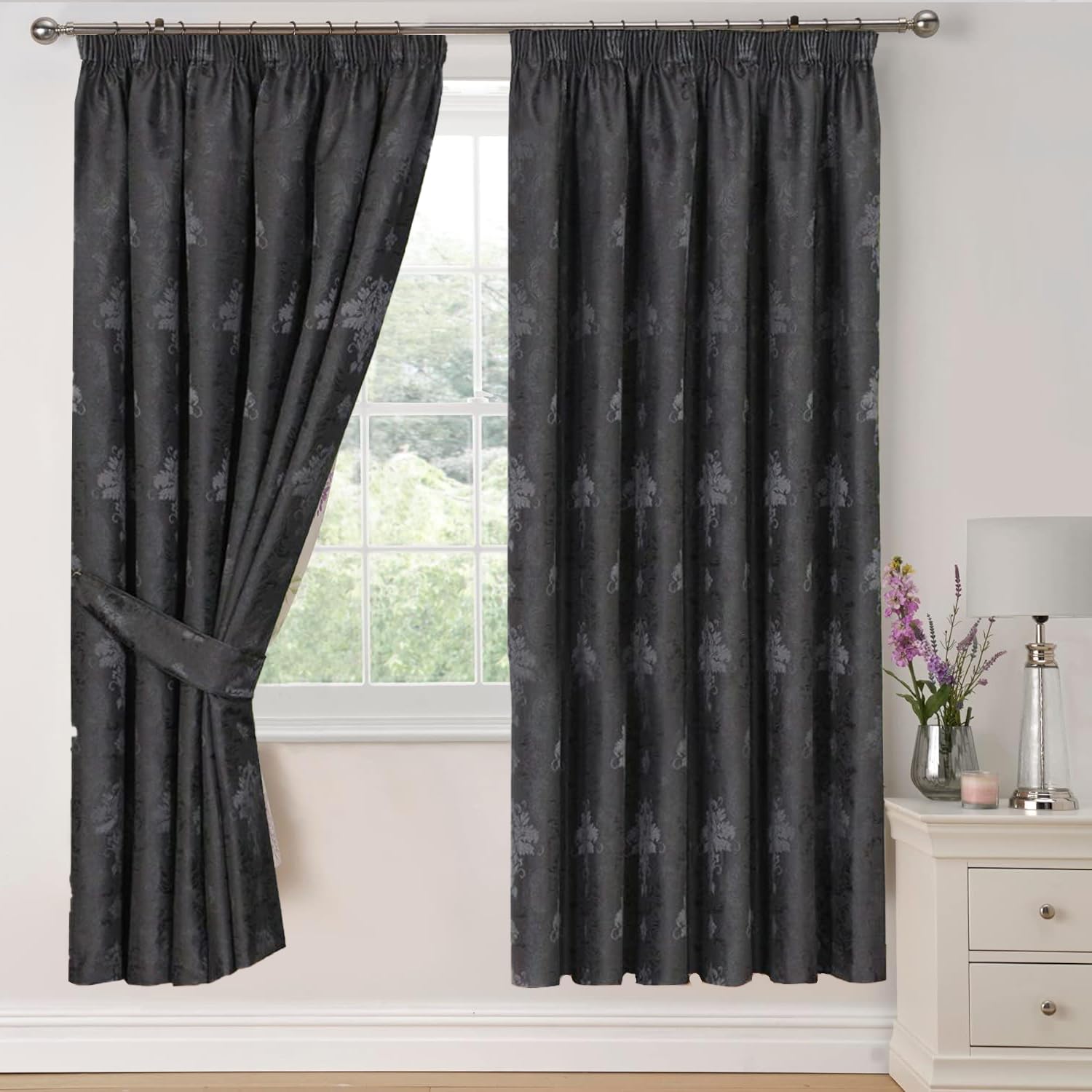 Modern Curtains for Living Room Fully Lined Pencil Pleat Luxury Jacquard Virginia Bedroom Curtains (Dark Grey, 90″x 90″ (228 x 228cm))