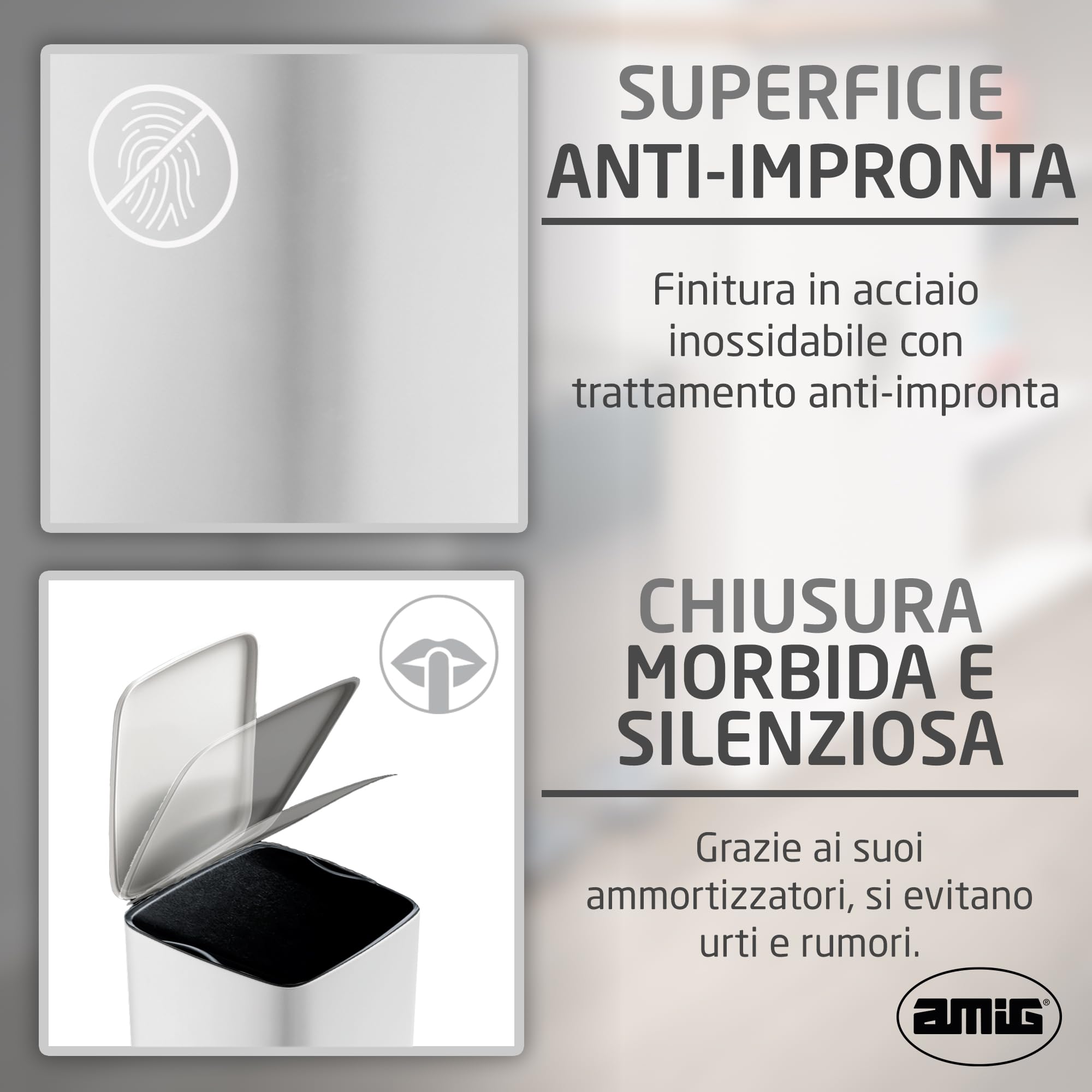 Amig - Pattumiera con pedale 30 litri Mod. Artvin - Colore bianco - Apertura igienica senza mani - 27 x 36 x 65 cm - Acciaio inox laccato - Cestino da cucina con coperchio ermetico
