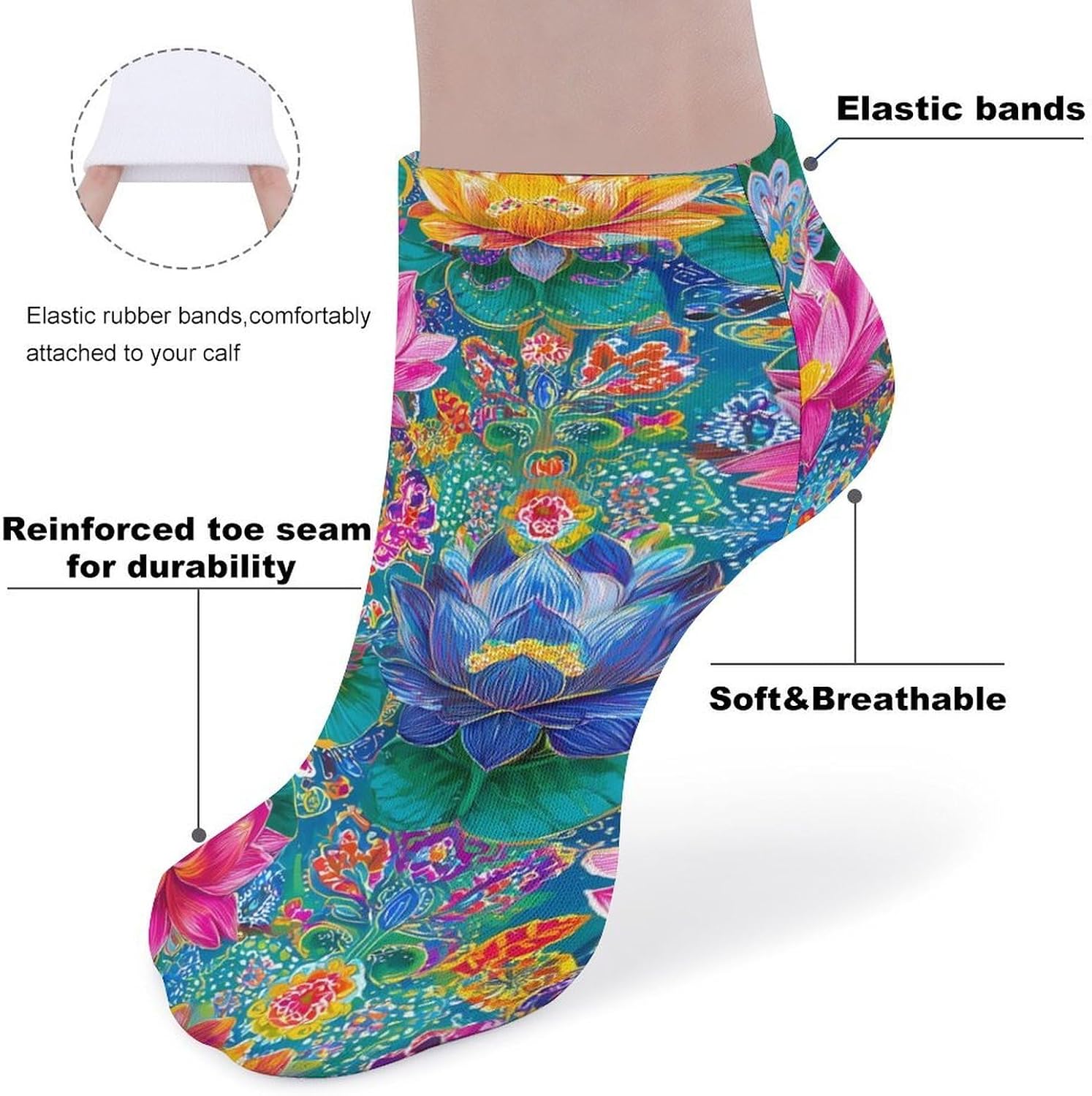 Vintage Indians Traditional Floral Pattern No Show Ankle Socks Low Cut Non Slip Flat Boat Line 5 Pairs Set