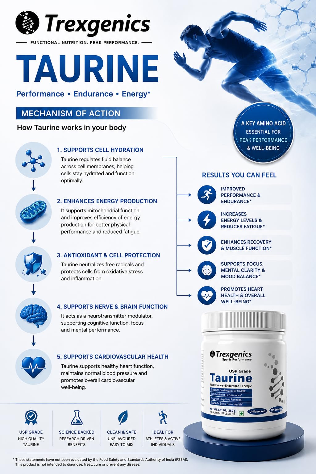 Trexgenics TAURINE USP grade PURE POWDER Nervous System, Energy, Heart, Cardiovascular system, Brain, Eye Health Support (250 GRAM) 3