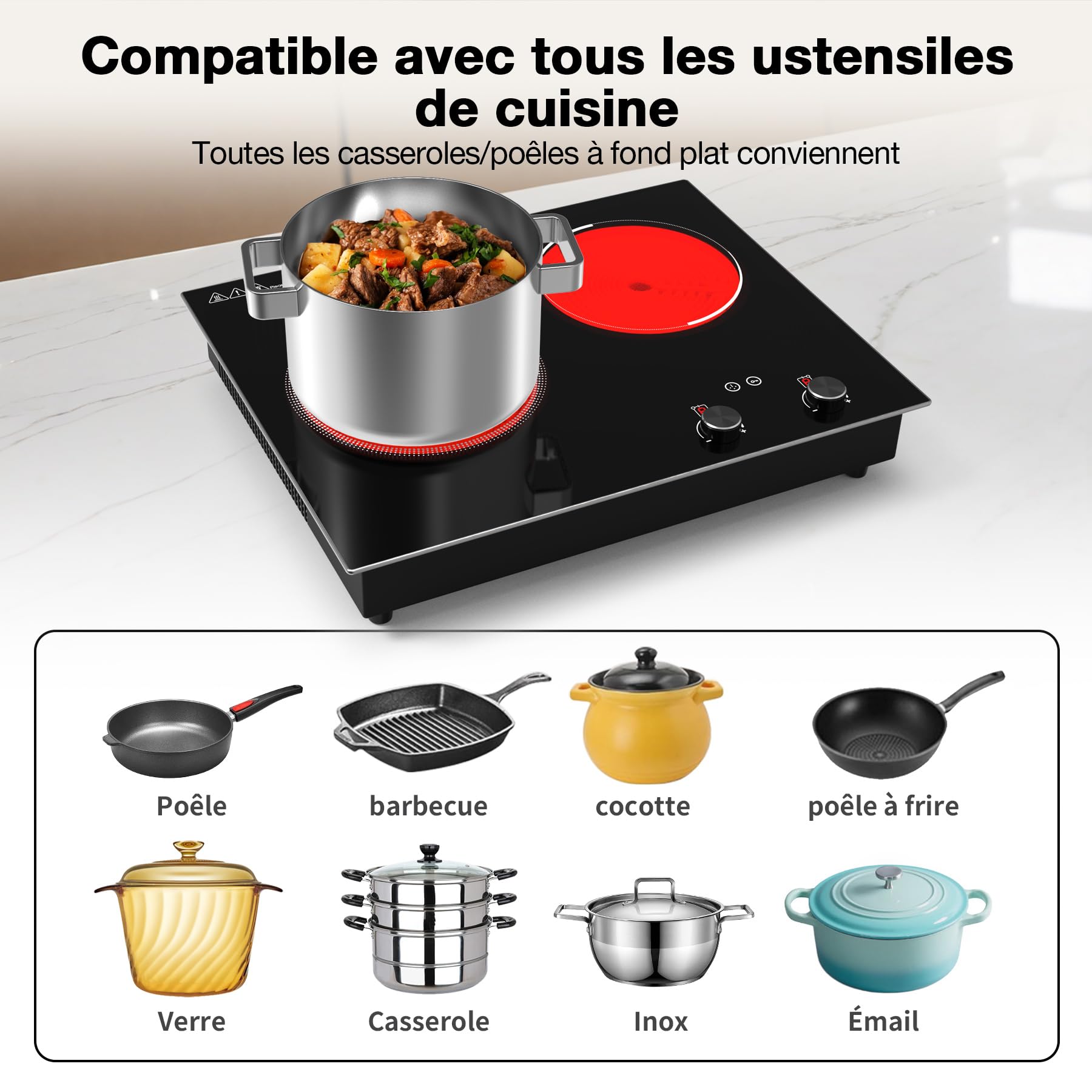 VBGK plaque vitrocéramique 2 feux, plaque de cuisson 3000 W 9 niveaux de chauffe, minuterie et sécurité enfant, commande tactile à bouton LED avec prise