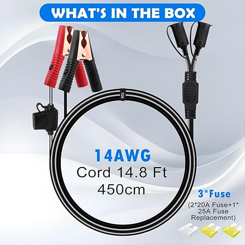 Miniatura 7 de Cable de extensión de 14.8 pies / 14.8 ft, enchufe doble con abrazadera de batería de 12 V/24 V clip de batería y adaptador para encendedor de