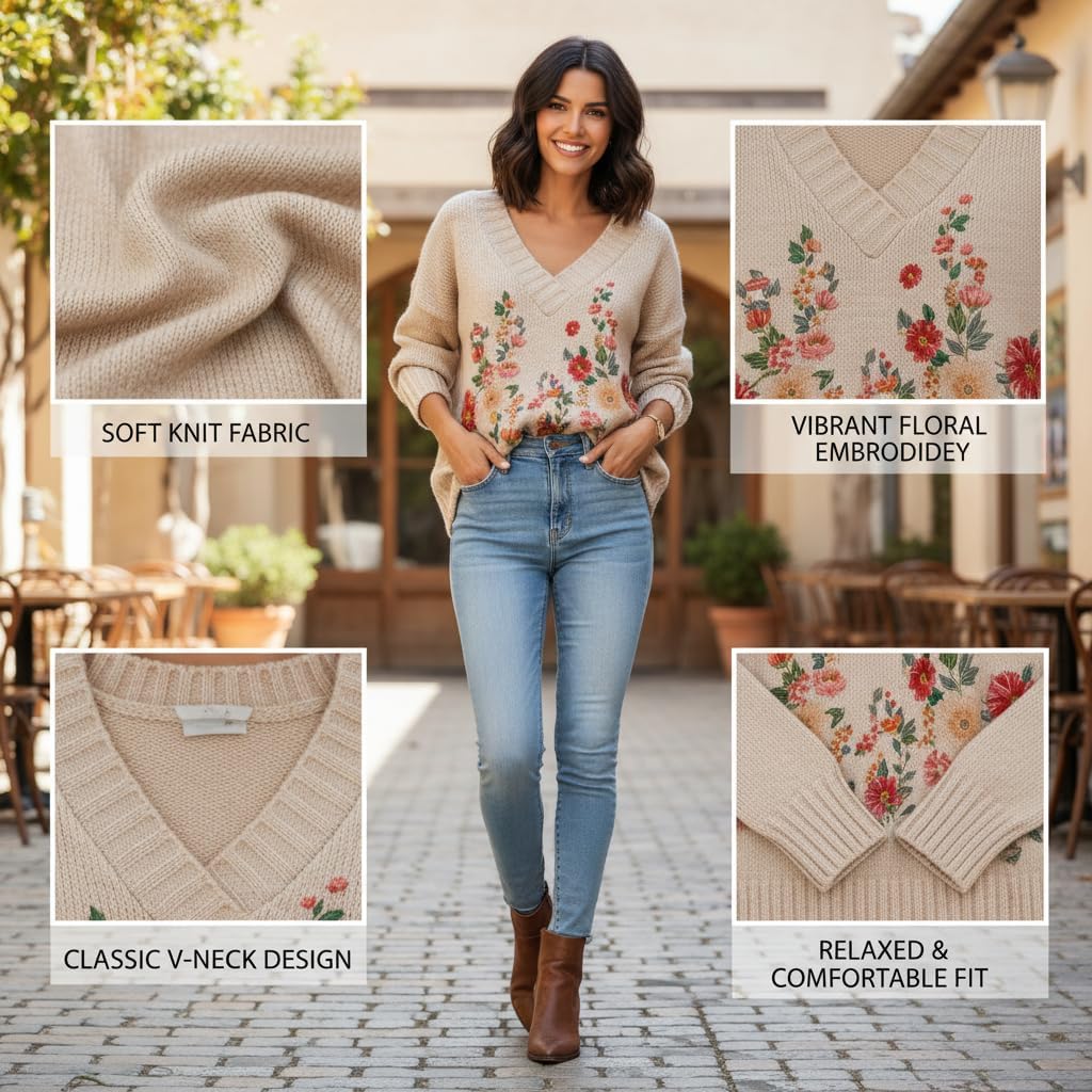 Women's V-Neck Long Sleeve Sweater with Colorful Floral Print, Loose Fit Knit Pullover Top for Casual Daily Wear - Image 4