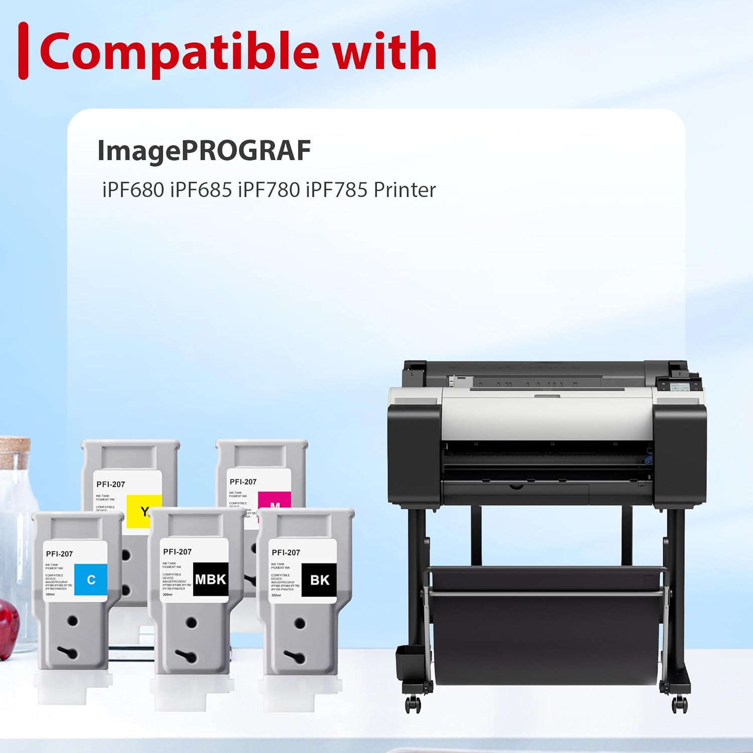 PFI-207 Ink Tank 300ml Replacement for Canon PFI207 PFI-207MBK PFI-207BK PFI-207C PFI-207M PFI-207Y Ink Cartridge for ImagePROGRAF IPF680 IPF685 IPF780 IPF785 Printer (5-Pack, BK/MBK/C/Y/M)