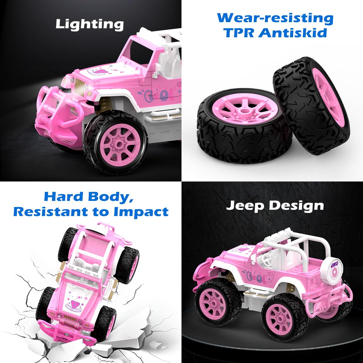 Qizebaby Remote Control Pink Car for Girls, RC Toy Car for Toddlers Age 3+, Rechargeable Off-Road Princess Vehicle Toy Truck with Light, Truck Toys for 3 4 5 6+ Girls Kids Birthday Toy Gift