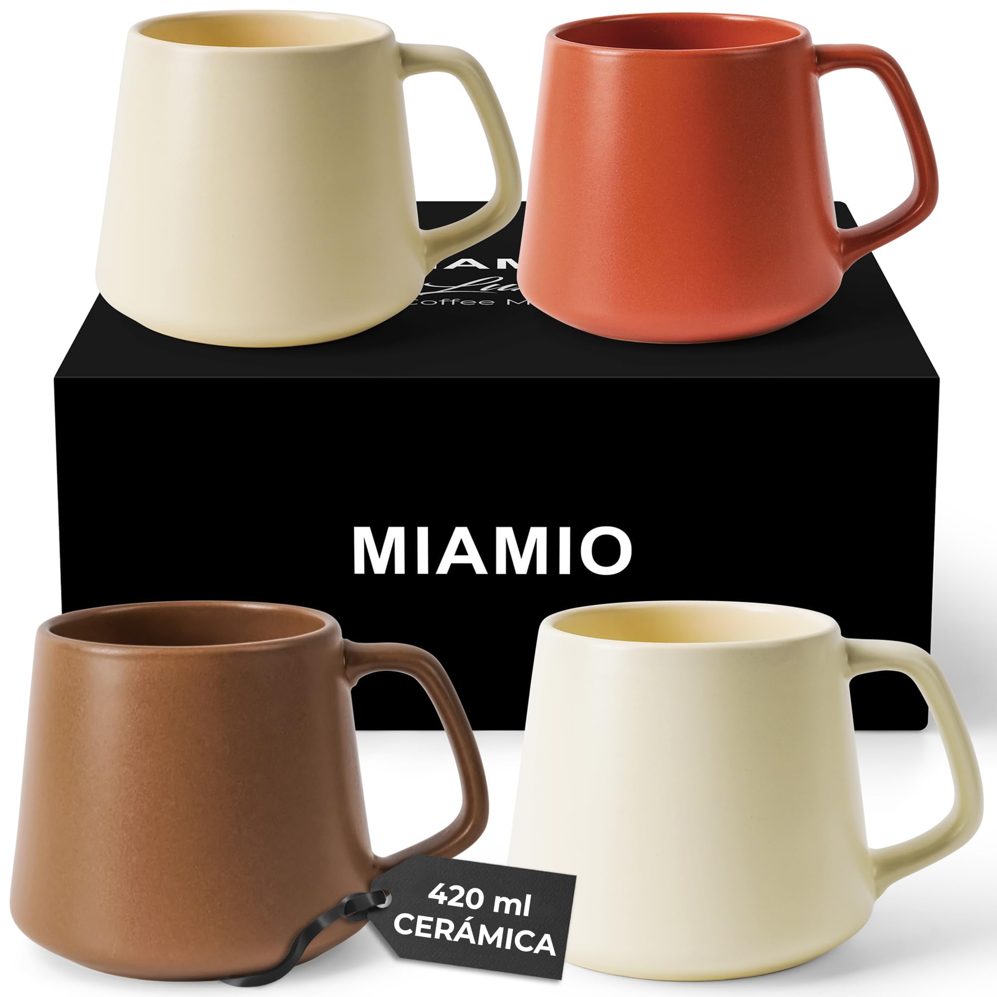 MIAMIO - Tazas Grandes de Café Set de 4, Cerámica (420ml) - Luxe (Beige) | Grandes tazas de café de cerámica para cappuccino, té y espresso, juego de 4, aptas para lavavajillas, ideales a diario