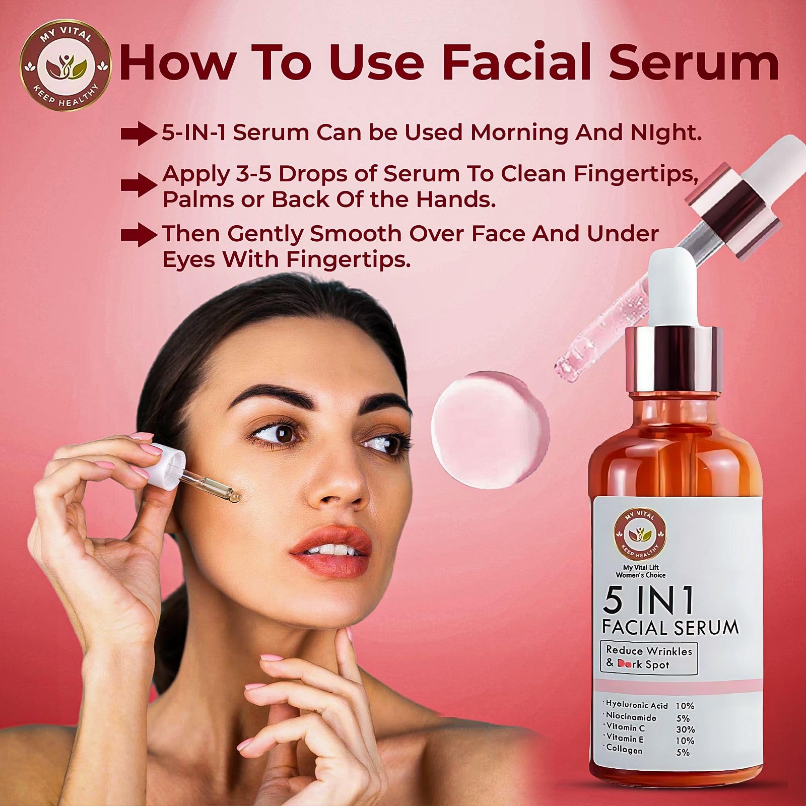 Face Serum 5-in-1 Anti-Aging Solution, Vitamin C, Hyaluronic Acid, and Vitamin E for Dark Spots Even Skin Tone, Fine Lines - Image 2