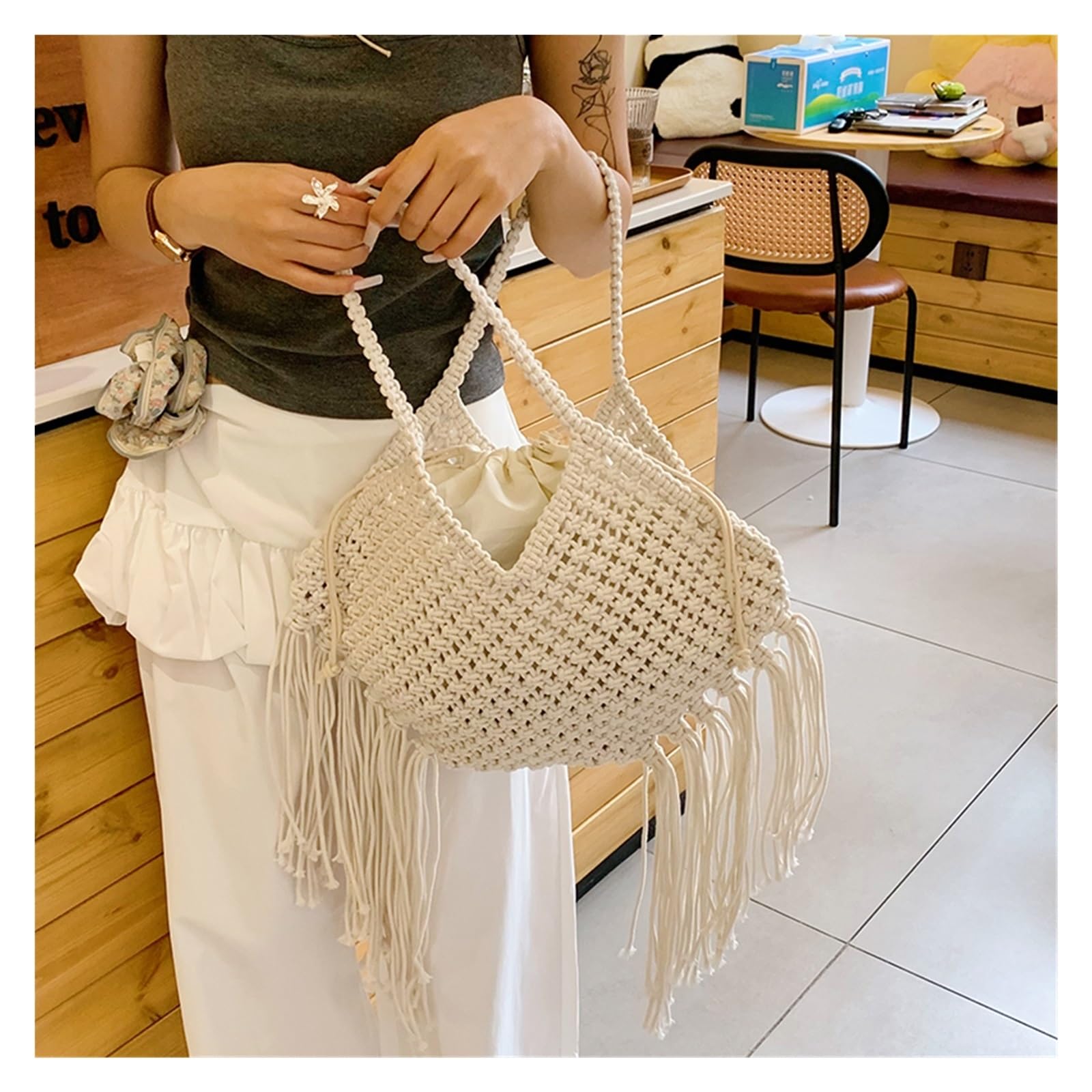 bolso mujer verano Bolso de playa for mujer estilo bohemio con borlas tejidas y hombro diseño calado