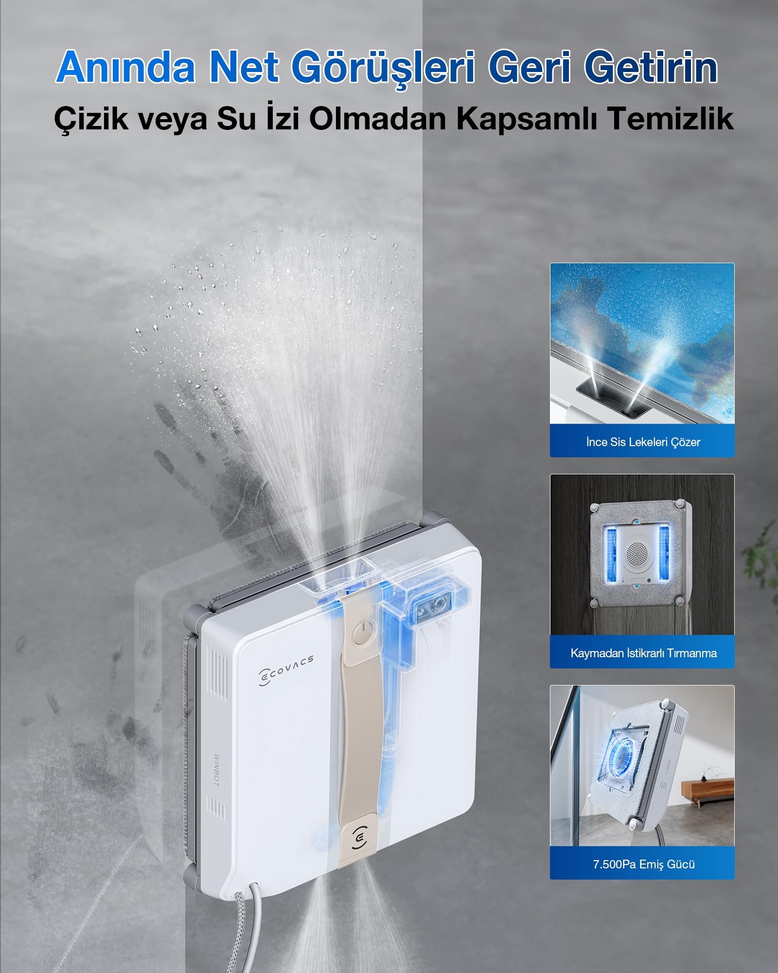 ECOVACS WINBOT Mini Robot de Nettoyage de vitres, Design Compact, Double Buses avec pulvérisation ultrasonique, système de Protection à 9 étapes, Planification Intelligente du Trajet, Blanc