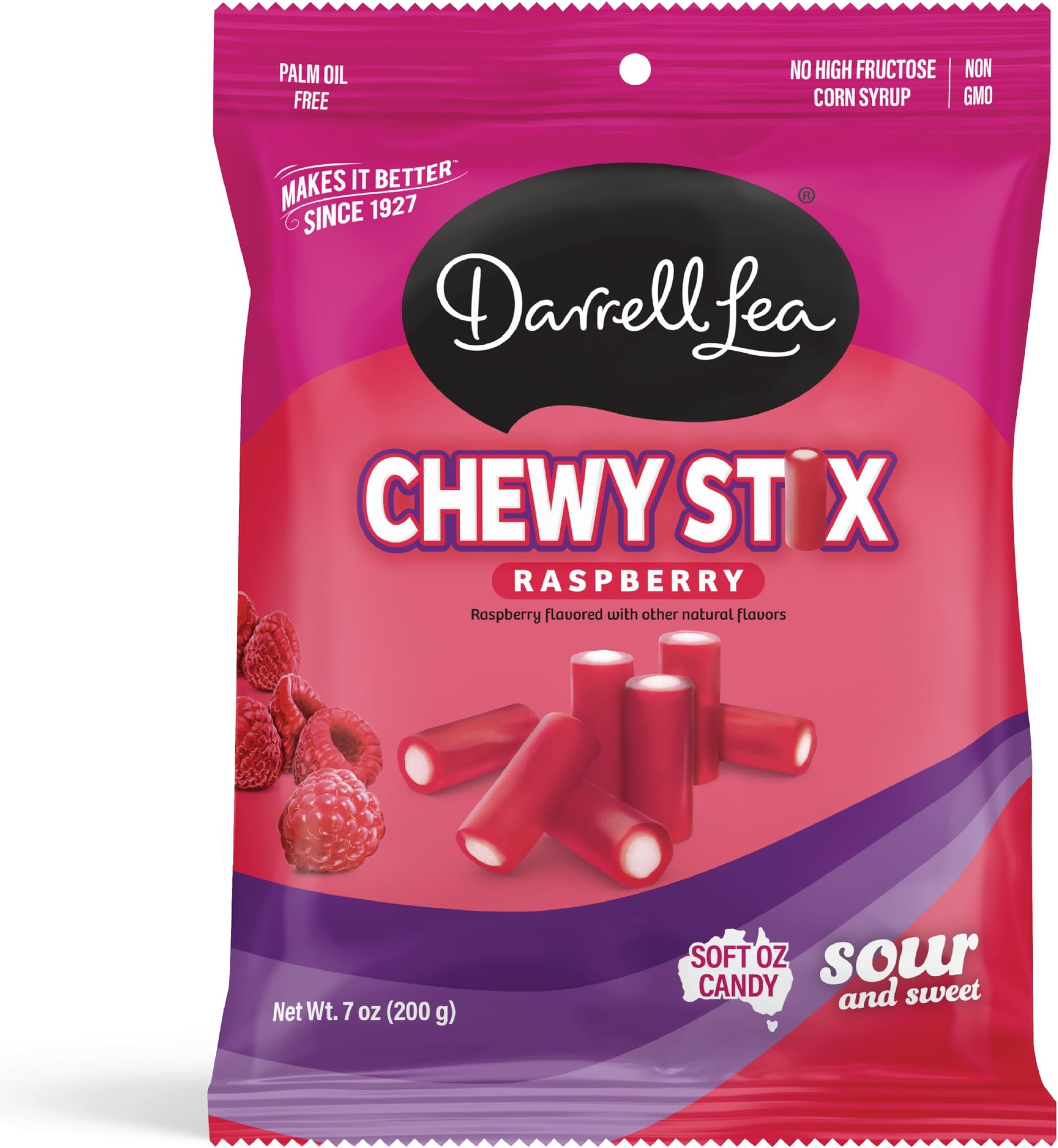 Darrell Lea Fabulicious Sour Candy Stix, Soft and Tangy, No Artificial Flavors, Palm Oil Free, Made in Australia, Shareable (Sour Raspberry, 7 Ounce (Pack of 1))