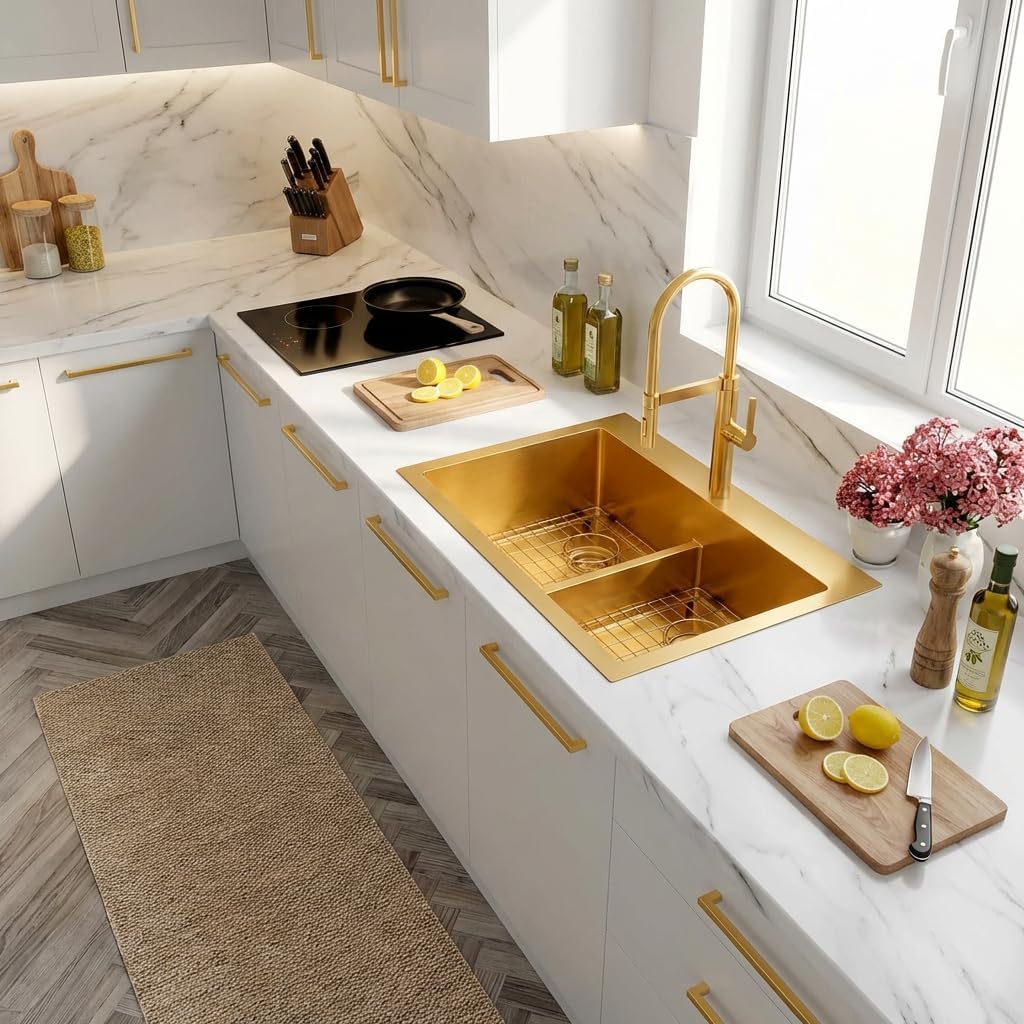 LQS Gold Kitchen Sink 33x22, 33 x 22 Drop in Kitchen Sink, Stainless Steel 50/50 Double Bowl Sinks, Handmade Deep Large 16 Gauge Stainless Steel Material