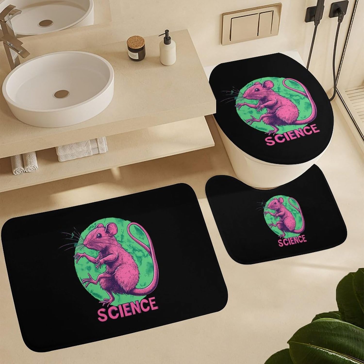 Scientific Mutant Mice Modern Bathroom Sets with Shower Curtain and Rugs Decor 4 Pcs with 12 Hooks