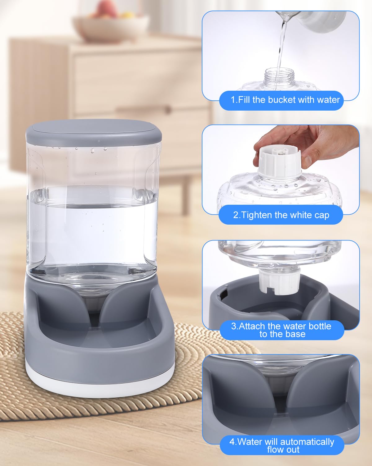 Zounin Distributore Automatico Cibo Gatti, Dispenser Acqua Cani, 2 unità, 3.8L, Automatico per Cibo, Abbeveratoio Ciotola, per Cani Piccoli E Grandi, Gatto (Grigio)